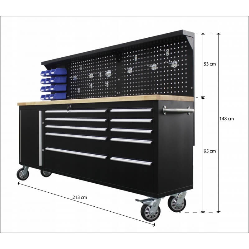 Banc de lucru dulap scule 11 sertare profesional cu blat din lemn si panou 214cm