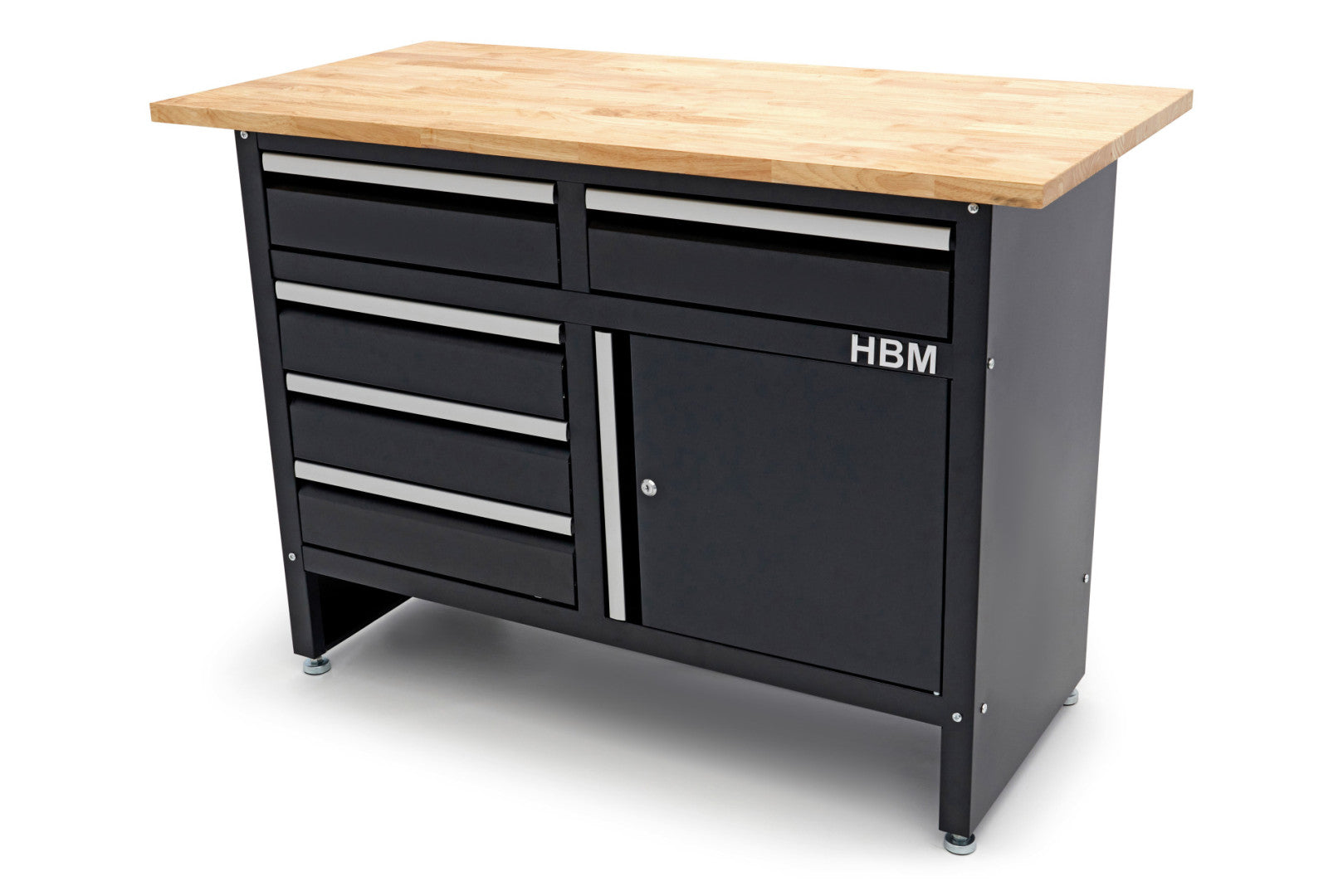Banc de lucru metalic 120 cm cu 5 sertare 1 usa si blat din lemn masiv HBM