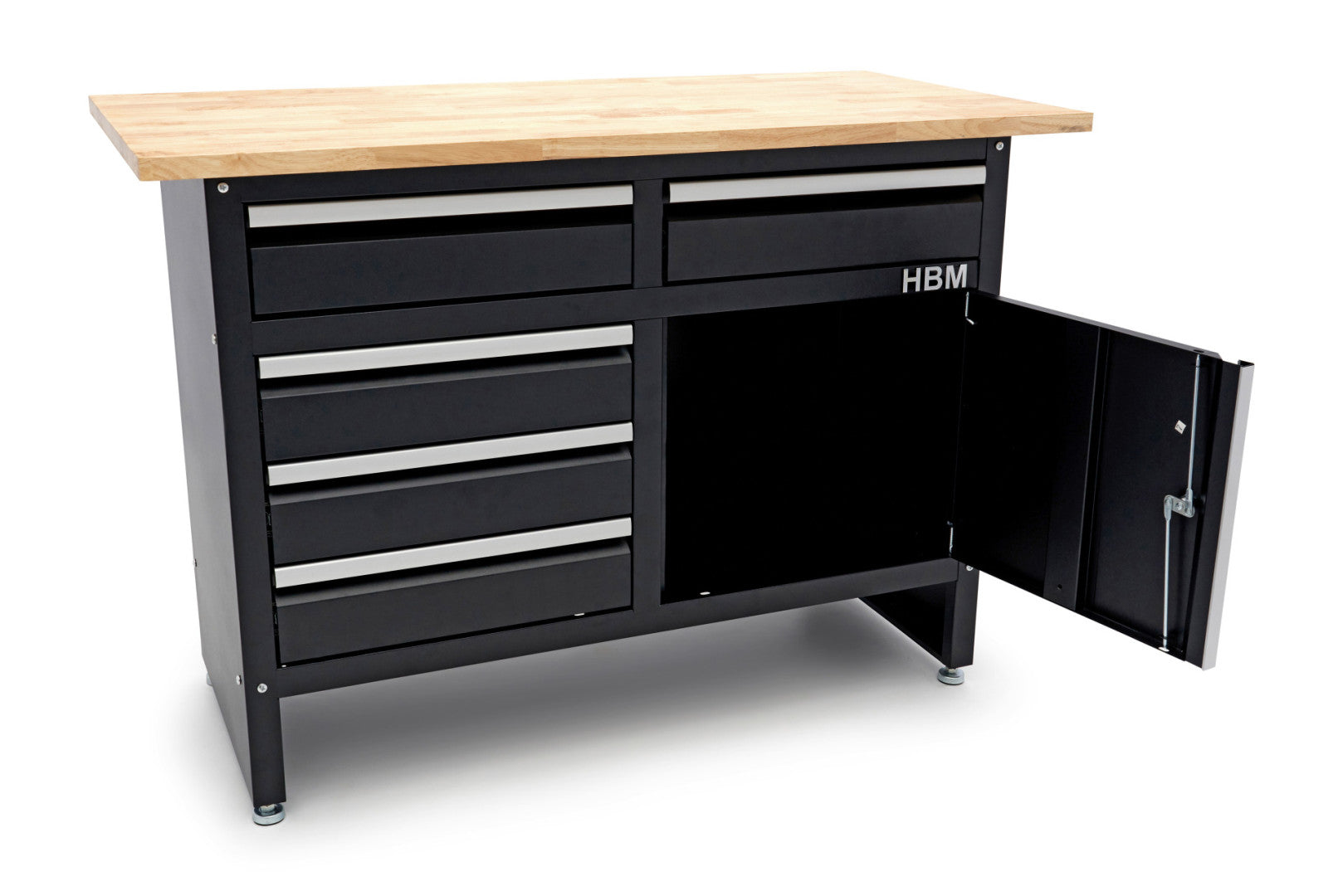 Banc de lucru metalic 120 cm cu 5 sertare 1 usa si blat din lemn masiv HBM