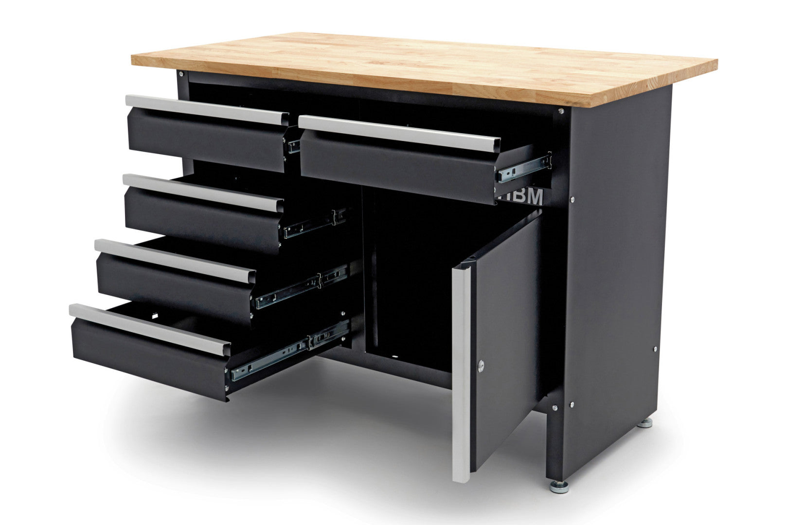 Banc de lucru metalic 120 cm cu 5 sertare 1 usa si blat din lemn masiv HBM