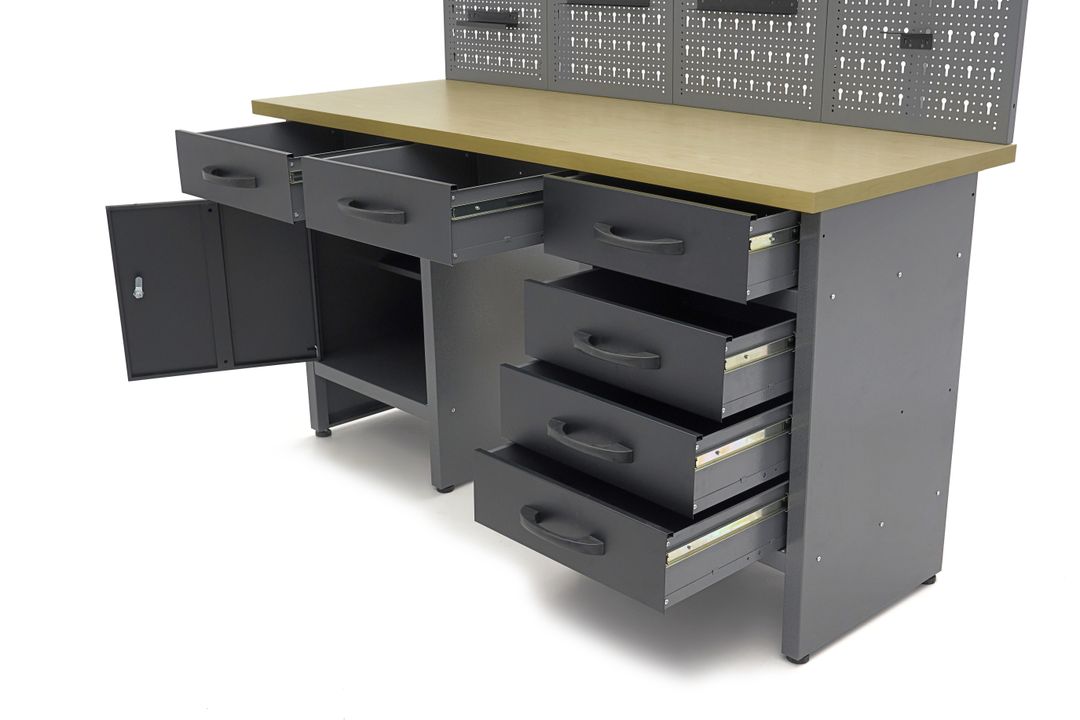 Banc de lucru metalic cu 6 sertare, panou scule si dulapuri 160cm HBM