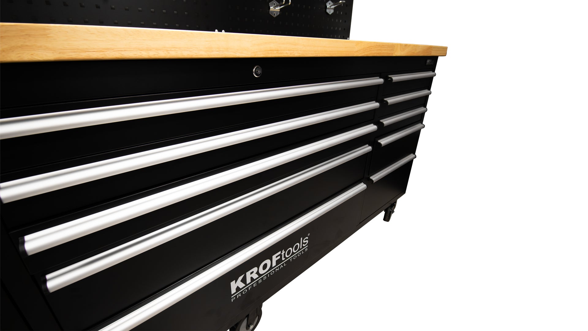 Banc de lucru metalic profesional 10 sertare, blat lemn masiv, panou iluminat LED, prize 230V, port USB , lungime 213 cm