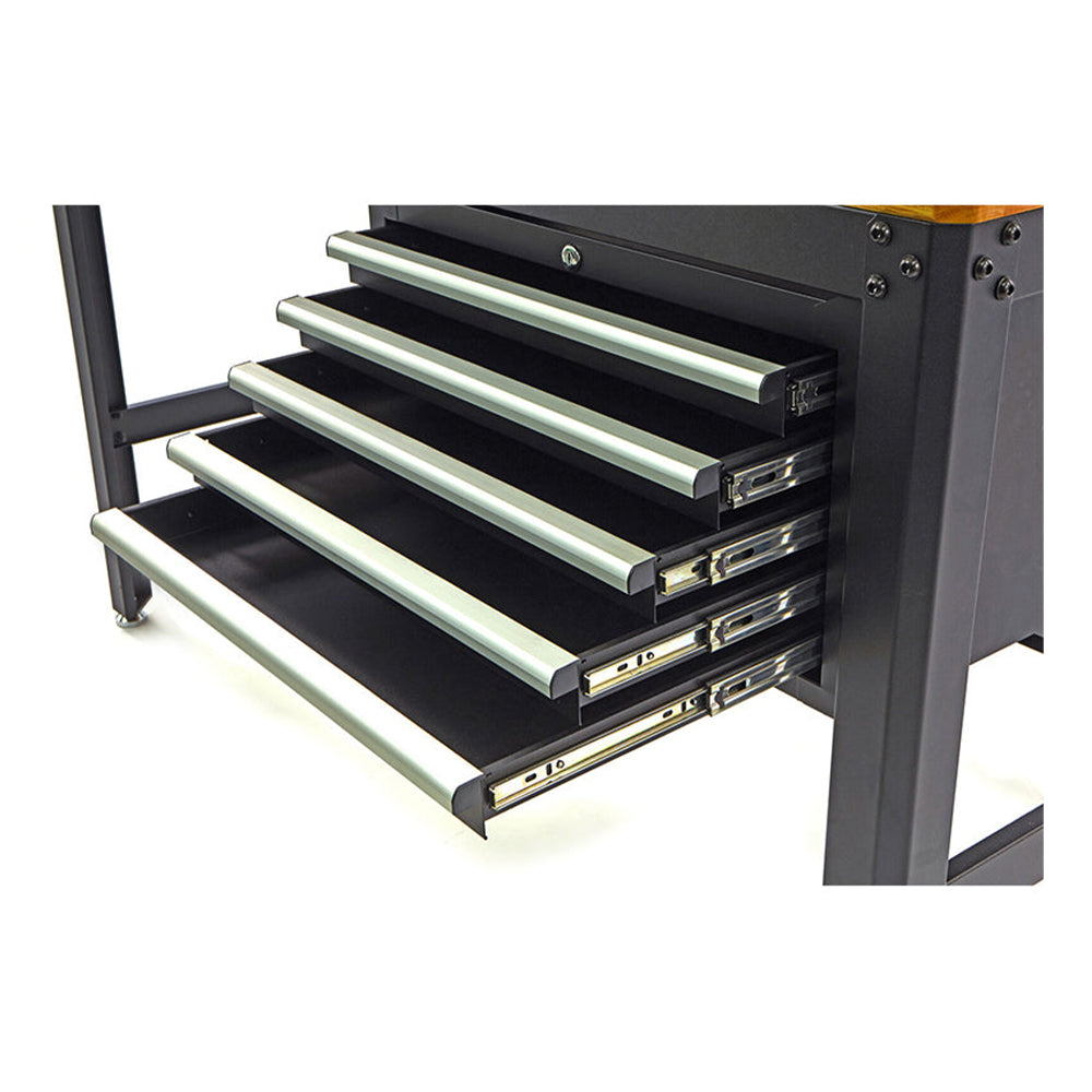 Banc de lucru metalic profesional cu 5 sertare si blat de lemn 155 cm