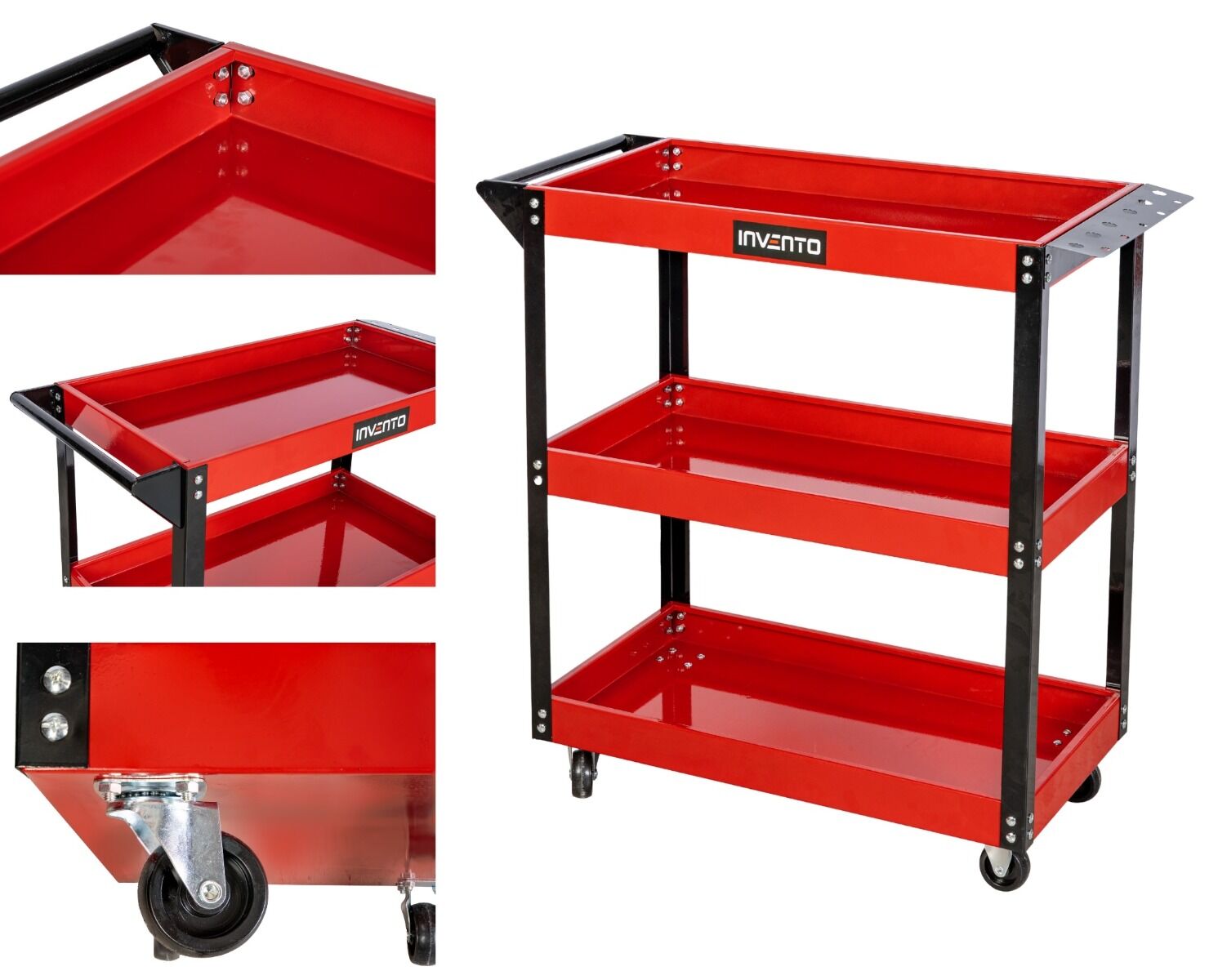 Carucior mobil metalic cu 3 rafturi suport surubelnite 4 roti pivotante INVENTO - dimensiunea raftului: 68 x 35 x 5.5 cm