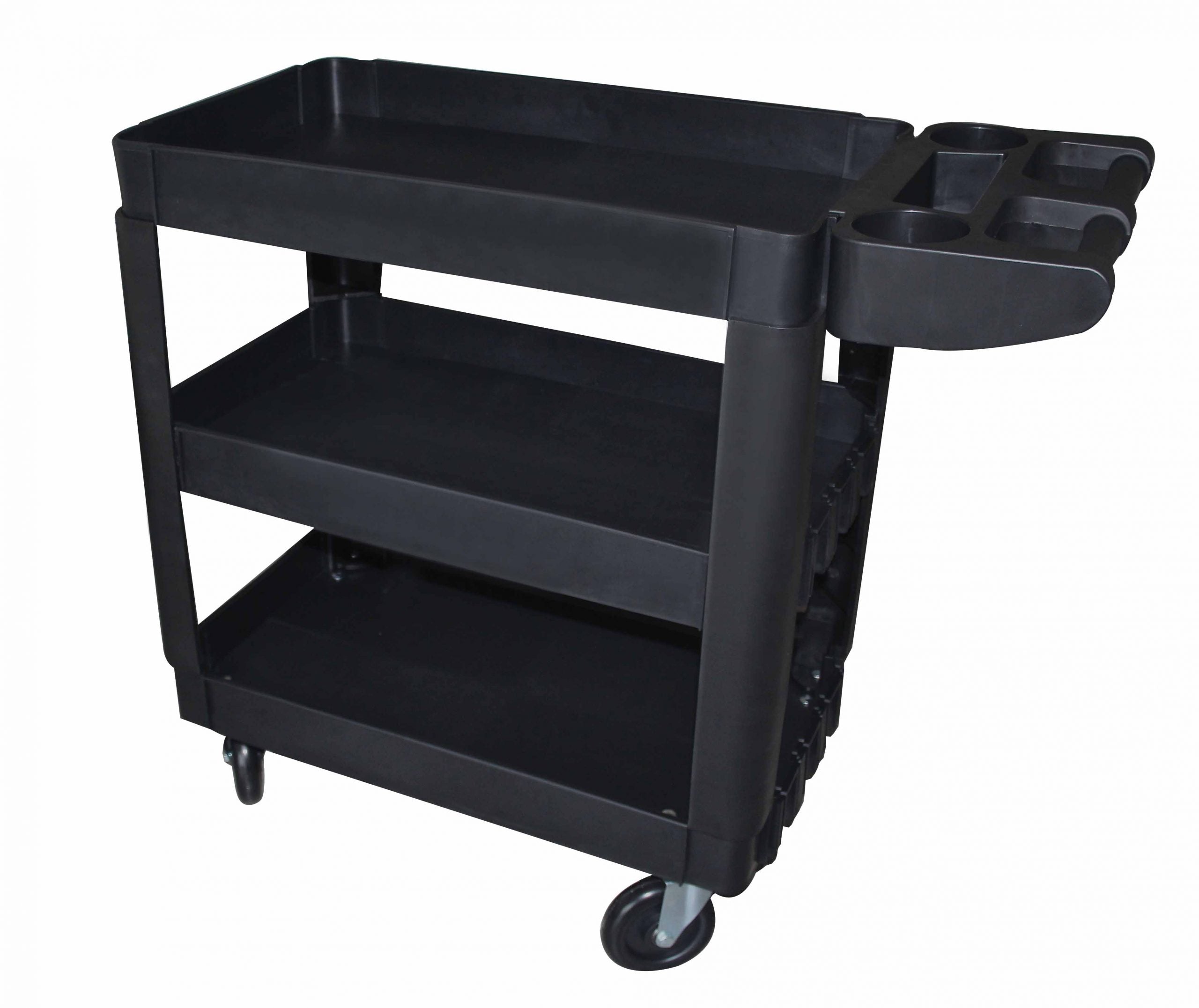 Carucior mobil pentru scule, plastic rezistent, 3 rafturi, 250 kg, cu manere si roti pivotante , dimensiuni 69.5×41×90.5 cm