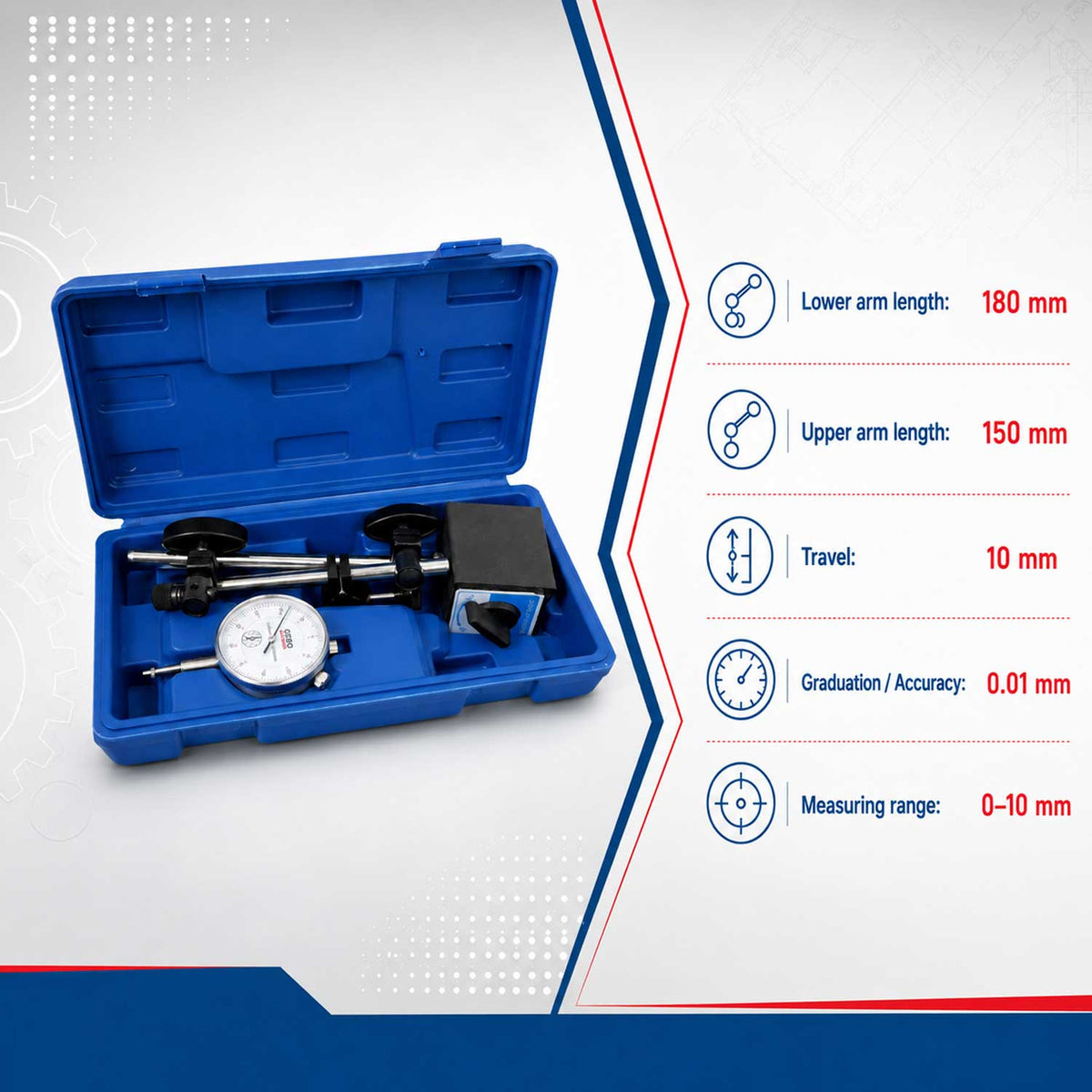 Ceas comparator 0-10mm cu baza suport magnetic GEBO TOOLS