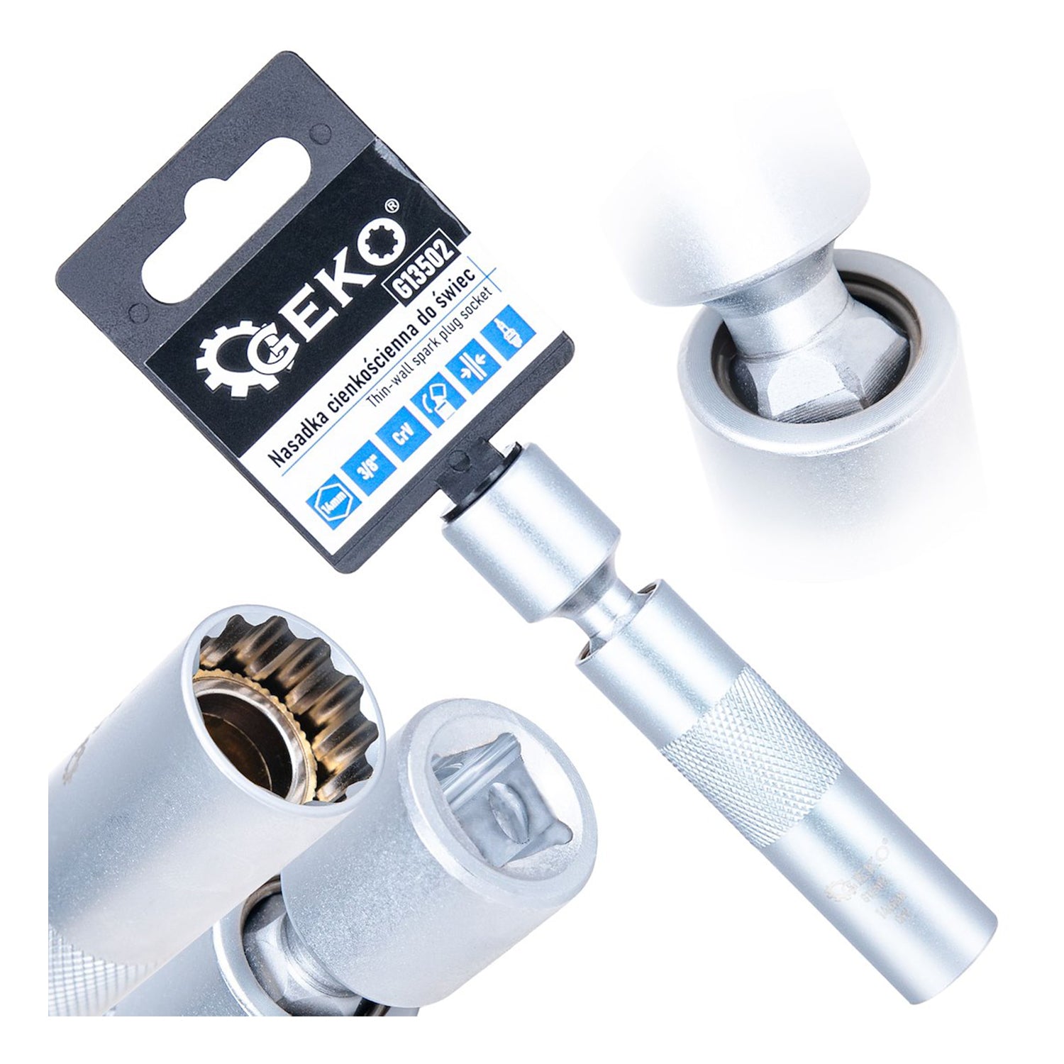 Cheie tubulara bujii 14mm 3/8 cu articulatie cardanica, pereti subtiri CRV - GEKO