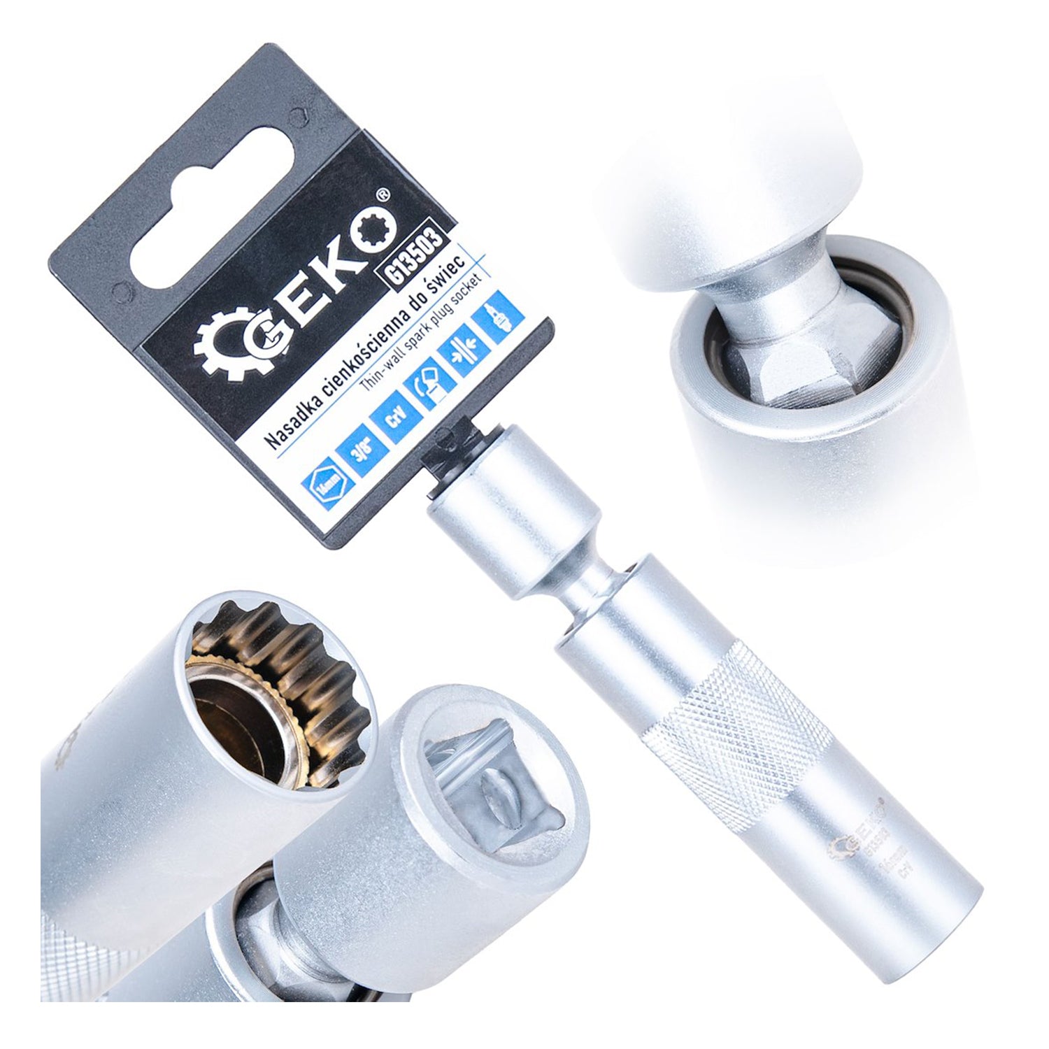 Cheie tubulara bujii 16mm 3/8 cu articulatie cardanica, pereti subtiri CRV - GEKO