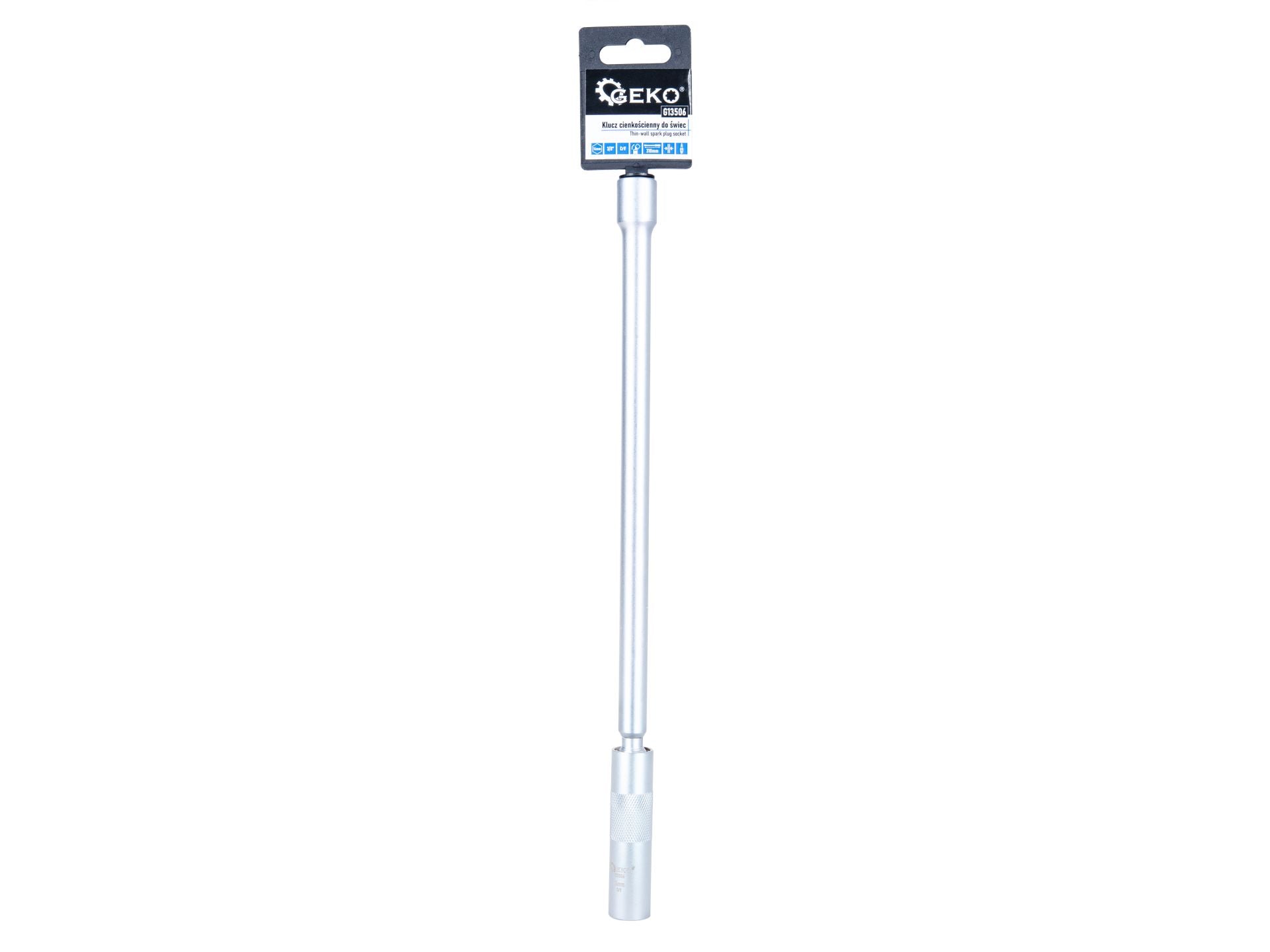Cheie tubulara lunga pentru bujii 14mm 3/8 310 mm, cu articulatie cardanica, pereti subtiri CRV - GEKO