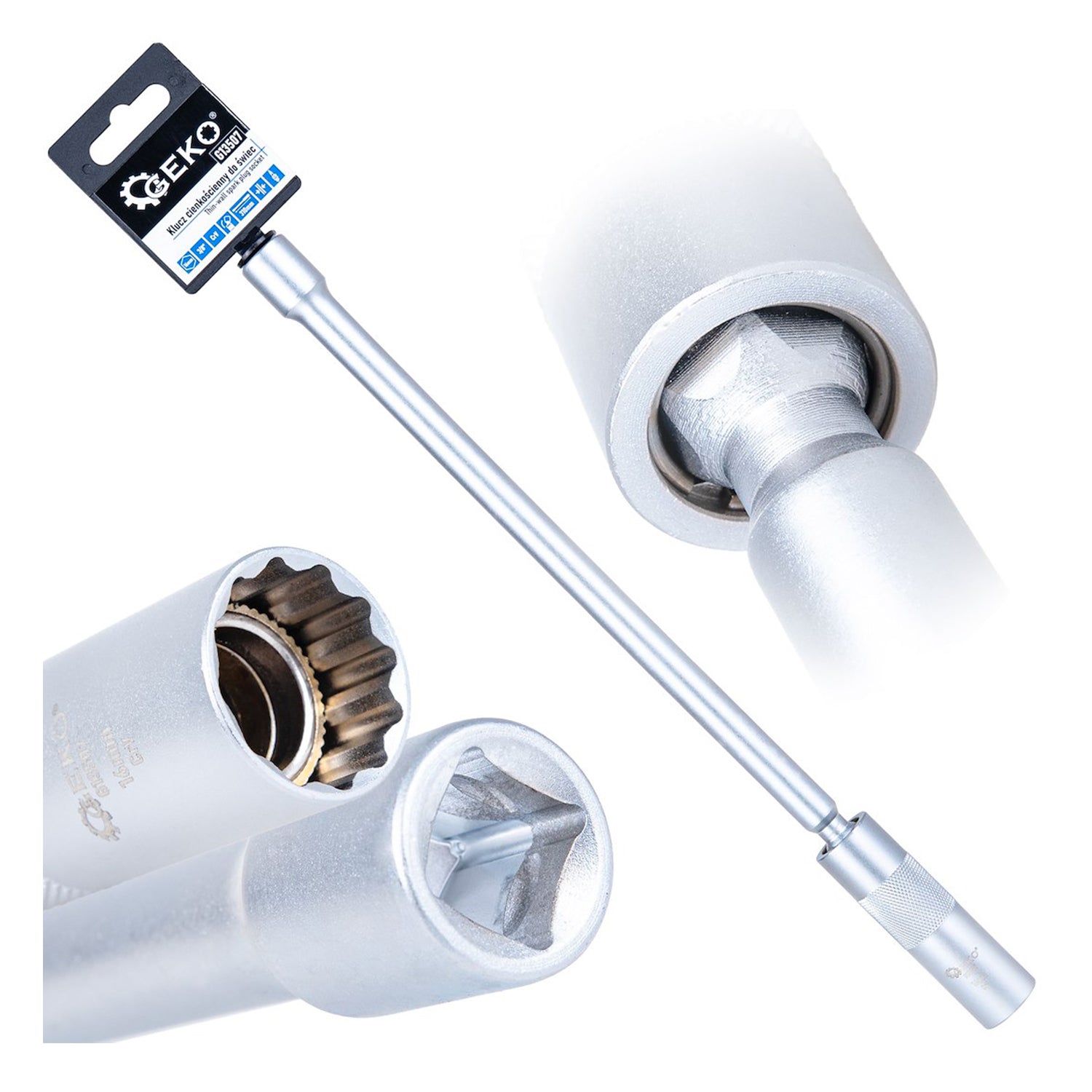 Cheie tubulara lunga pentru bujii 16mm 3/8 310 mm, cu articulatie cardanica, pereti subtiri CRV - GEKO