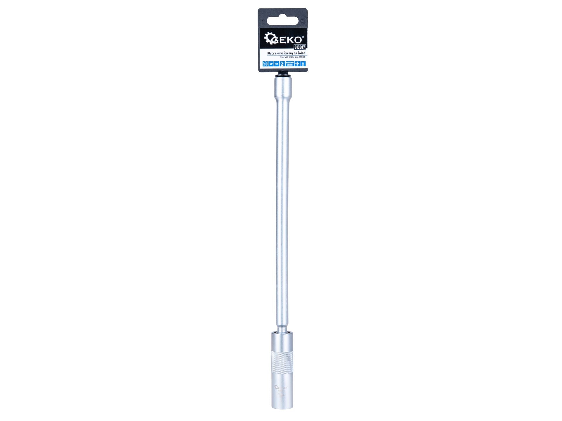 Cheie tubulara lunga pentru bujii 16mm 3/8 310 mm, cu articulatie cardanica, pereti subtiri CRV - GEKO