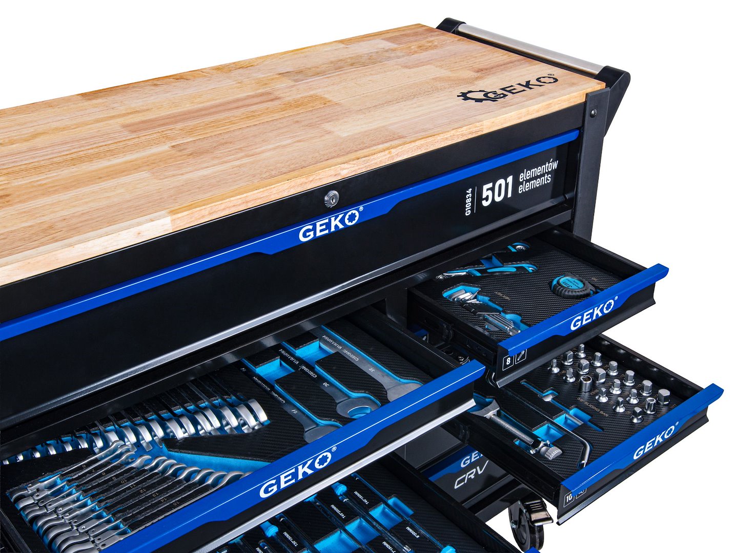 Dulap de scule GEKO cu 12 sertare, echipat cu 501 piese, 10 module carbon