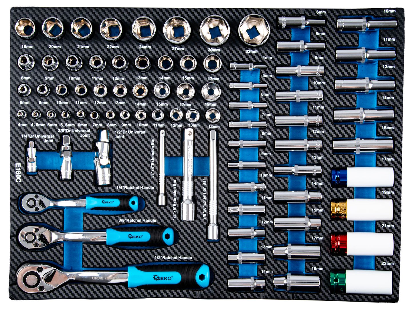 Dulap de scule GEKO cu 7 sertare, echipat cu 258 piese, 7 module carbon