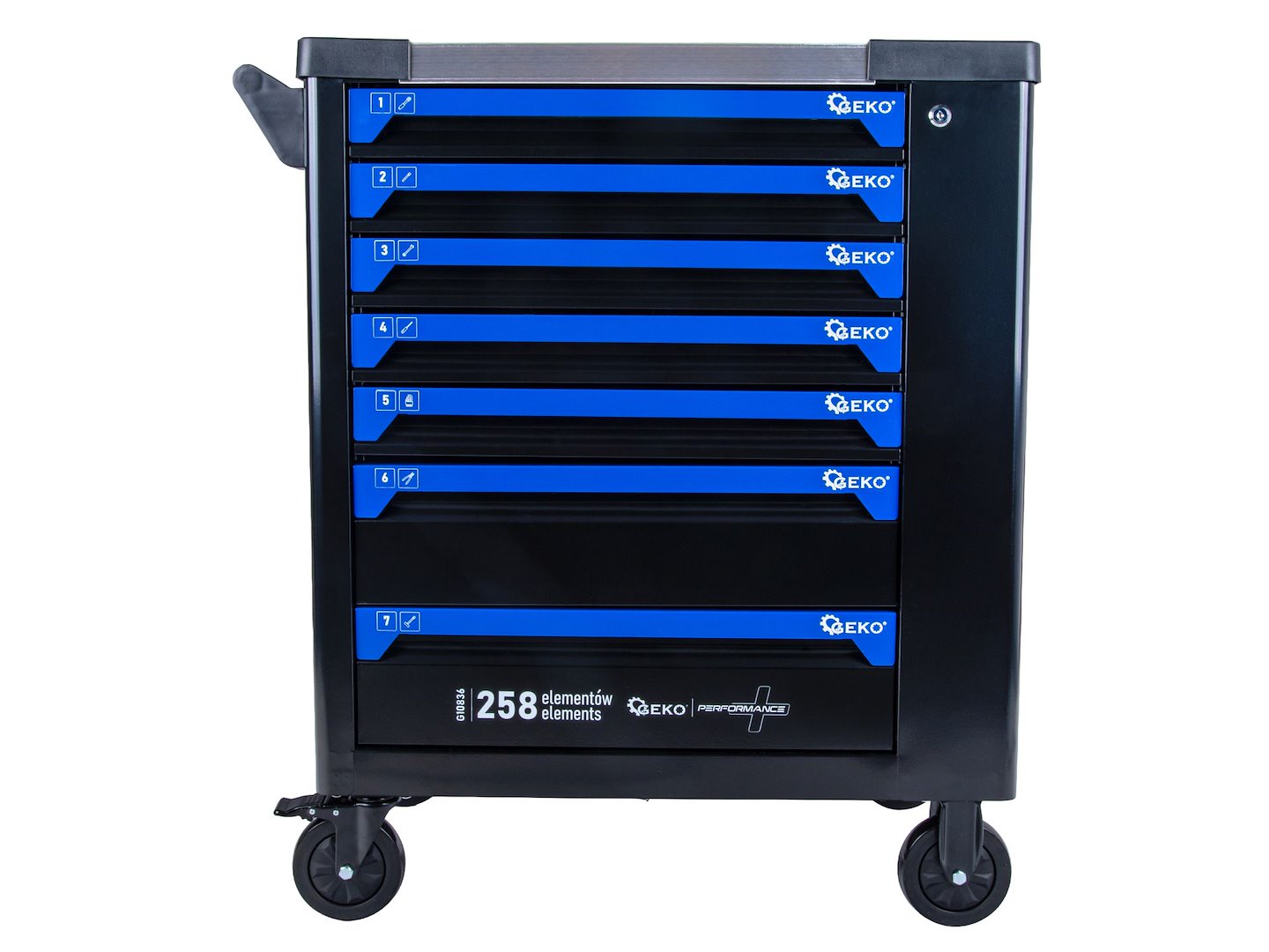 Dulap de scule GEKO cu 7 sertare, echipat cu 258 piese, 7 module carbon