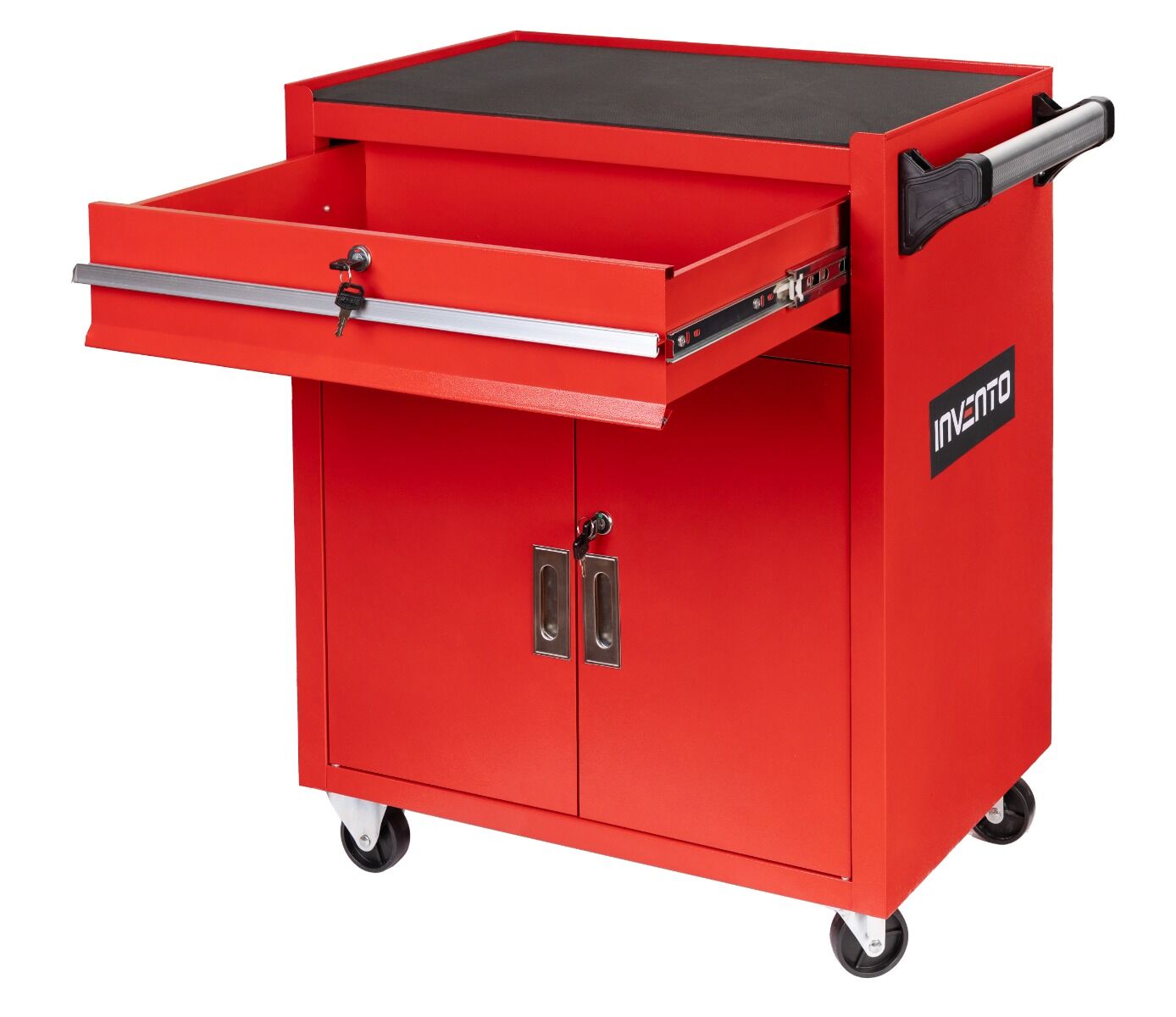 Dulap metalic neechipat pentru scule, rosu, roti si maner – premium, 73 x 63 x 40 cm INVENTO