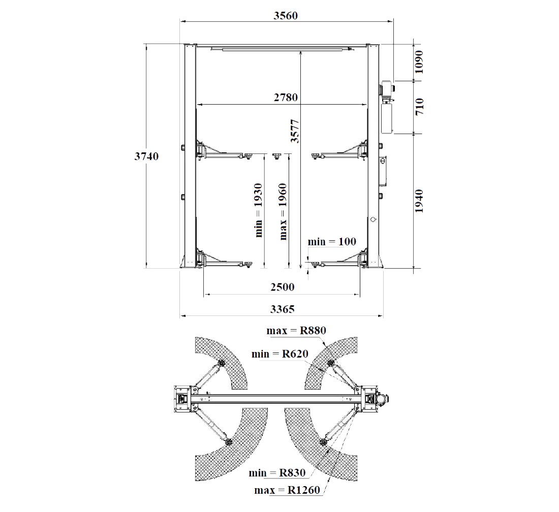 Elevator auto 2 coloane 4T 380V cu traversa pe sus