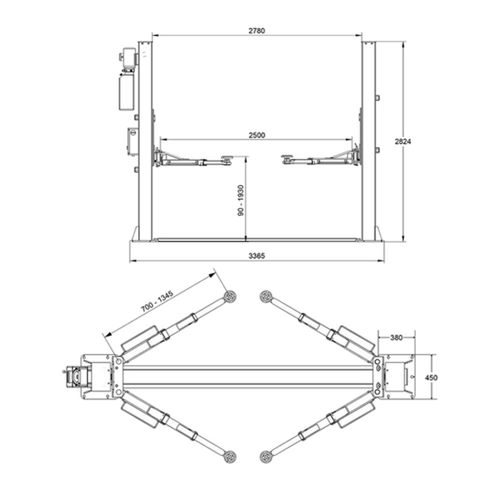 Elevator auto 2 coloane 4T cu deblocare automata electrohidraulica cu brate simetrice 3 segmenti 230V l-240f REDATS