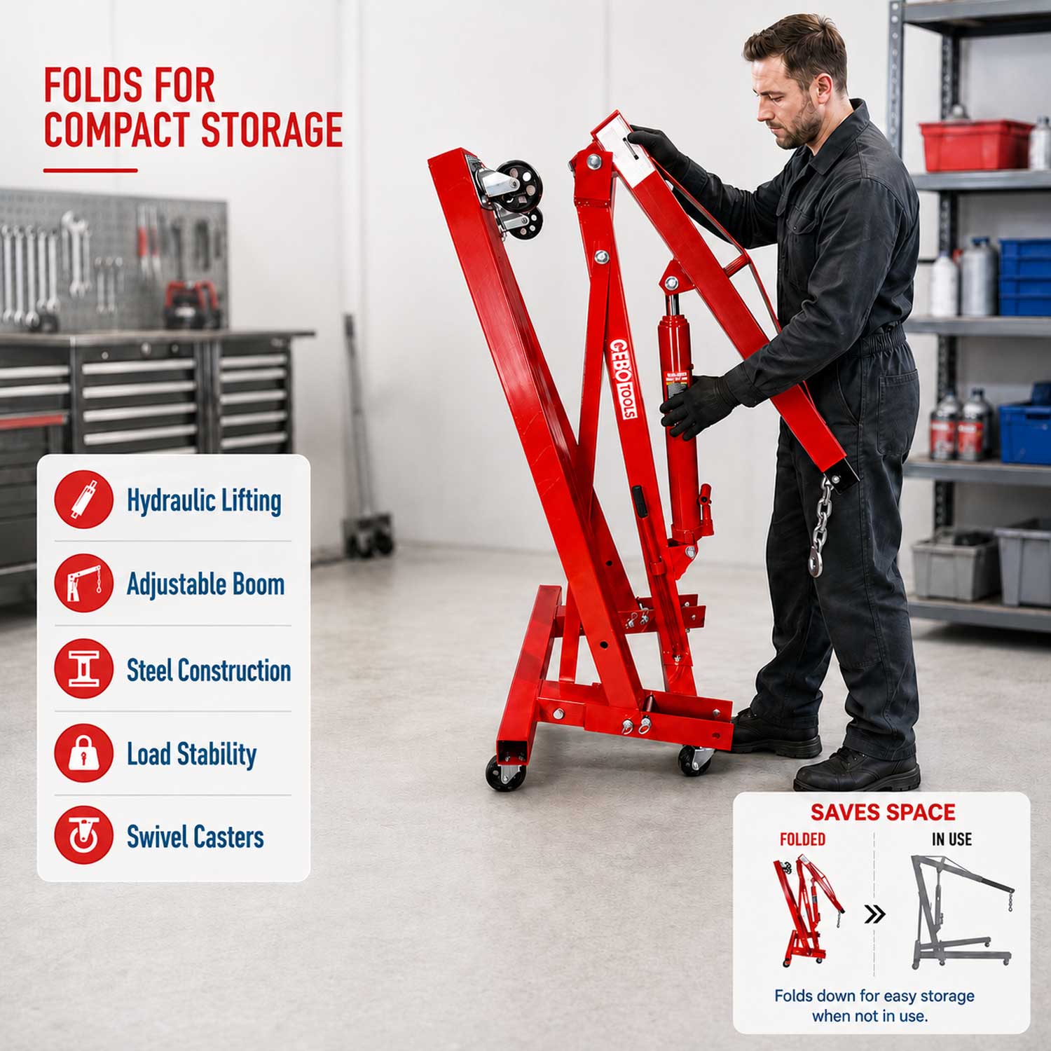 Girafa macara hidraulica scos motor 2T pliabila GEBO TOOLS