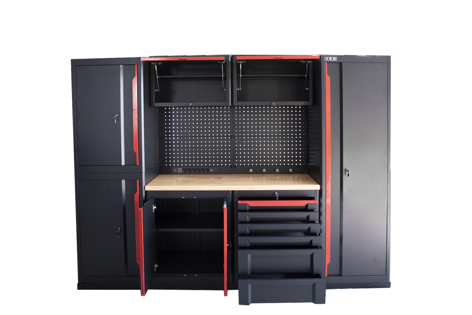 SET MOBILIER MODULAR METALIC PENTRU ATELIER 10 PIESE NEGRU/ROSU HBM