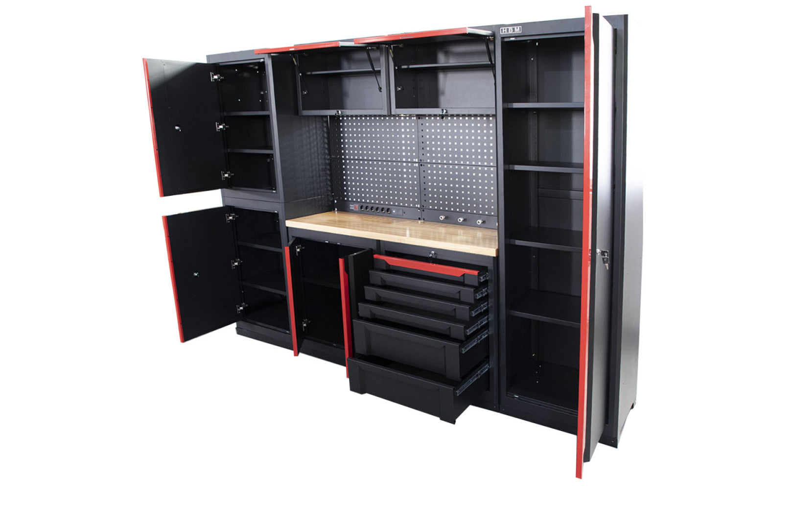 SET MOBILIER MODULAR METALIC PENTRU ATELIER 10 PIESE NEGRU/ROSU HBM