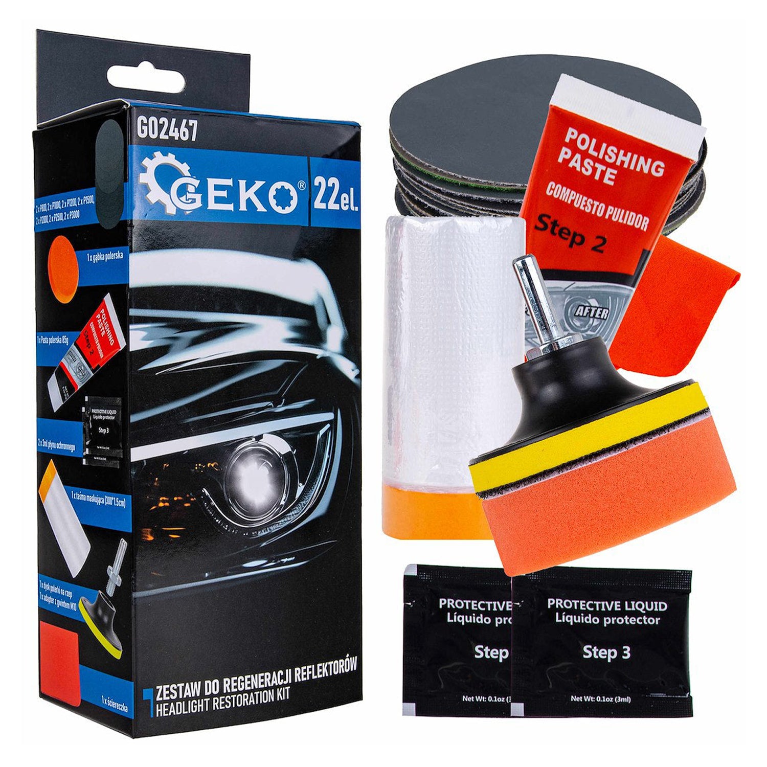 Kit restaurare faruri auto GEKO - lustruire,polisat, protectie uv, reinnoire plastic