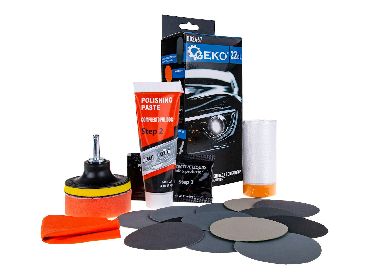 Kit restaurare faruri auto GEKO - lustruire,polisat, protectie uv, reinnoire plastic