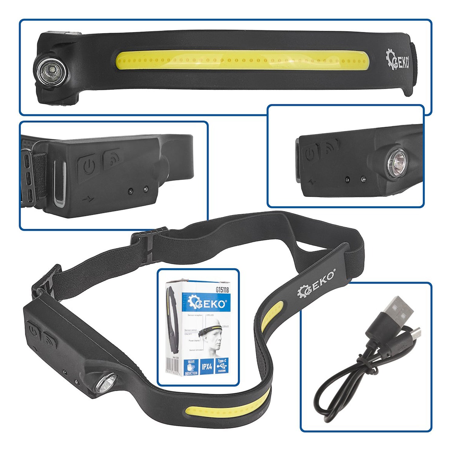Lanterna frontala cu acumulator intern, senzor de miscare, rezistent la apa, banda LED COB 3w GEKO