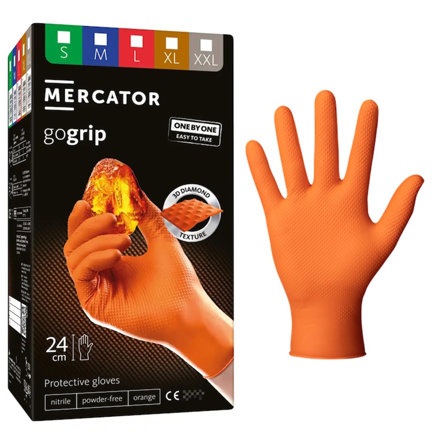 Manusi de nitril premium MERCATOR GOGRIP ONE BY ONE portocaliu, marimea m, set de 100buc