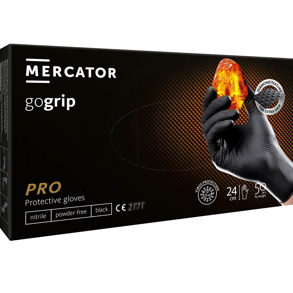 Manusi nitril premium MERCATOR gogrip negru pentru mecanici, marimea XL 50buc