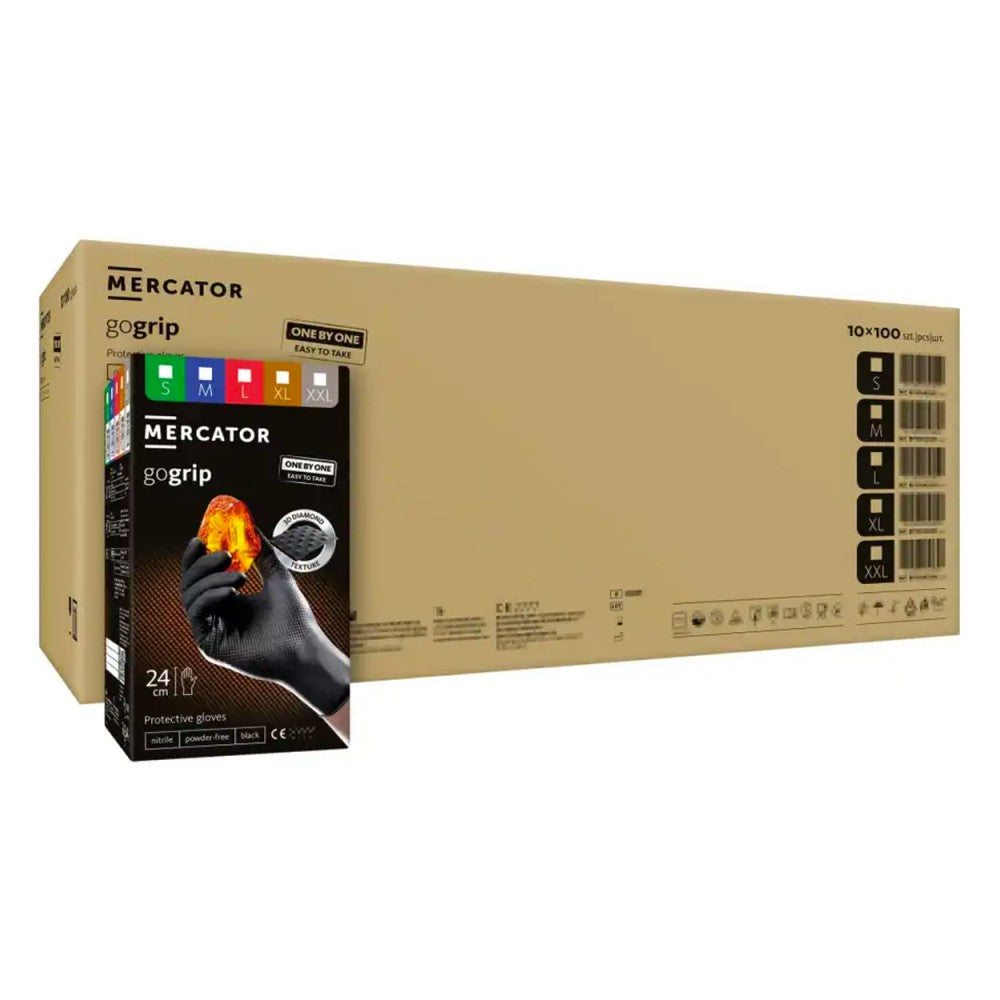 MANUSI DE NITRIL PREMIUM MERCATOR GOGRIP ONE BY ONE CULOARE NEAGRA, MARIMEA M, SET DE 100 BUC