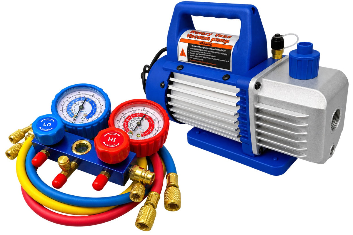 Pompa vid vacuum aer conditionat cu o etapa manometru cu 2 porturi 70l/min GEBO TOOLS