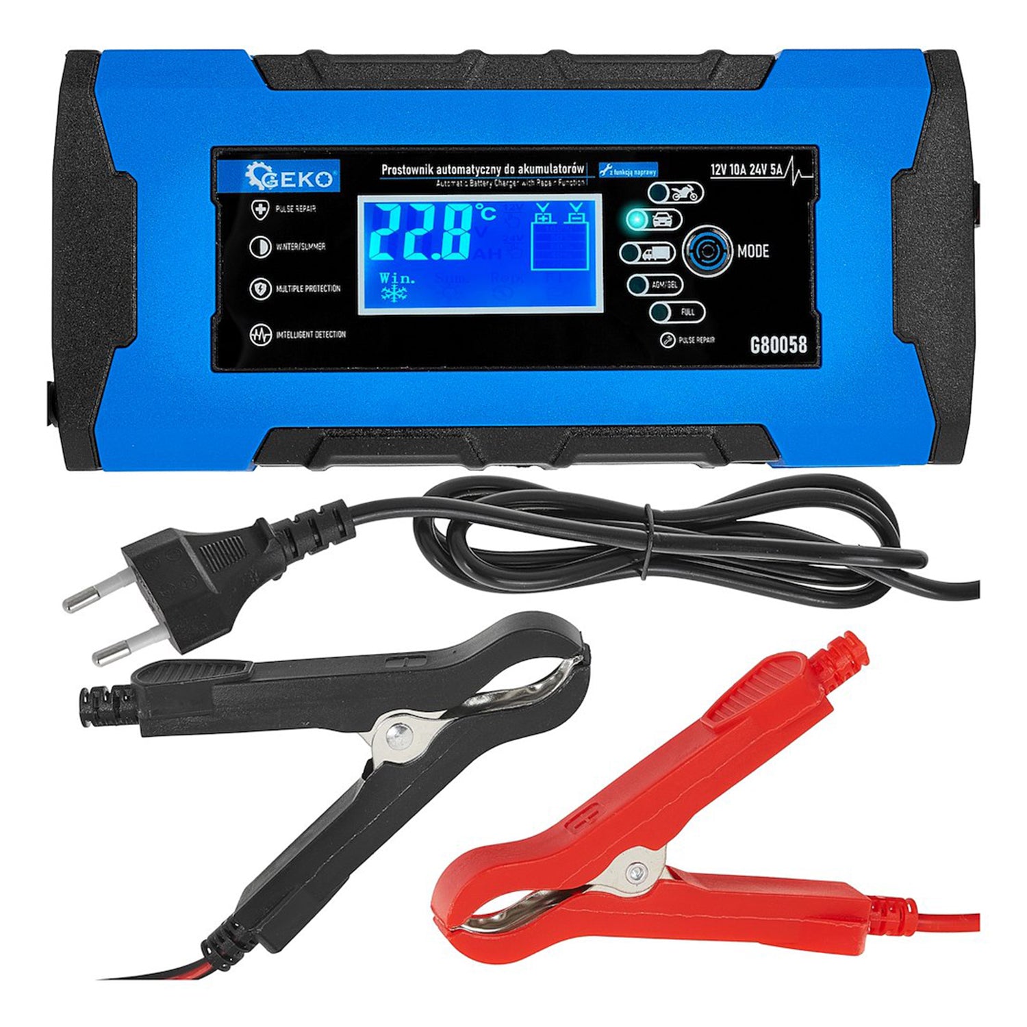 Redresor baterie auto moto cu afisaj digital LCD 12/24V 10a cu functie de reparare GEKO