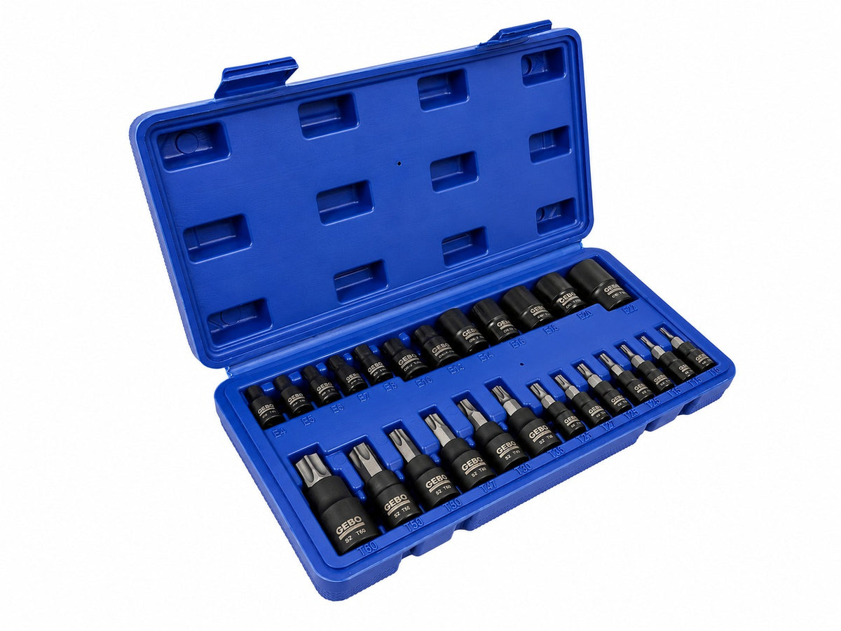 Set chei biti TORX t8-t60 tubulare profil e e4-e20 1/4 3/8 1/2 25 piese GEBO TOOLS