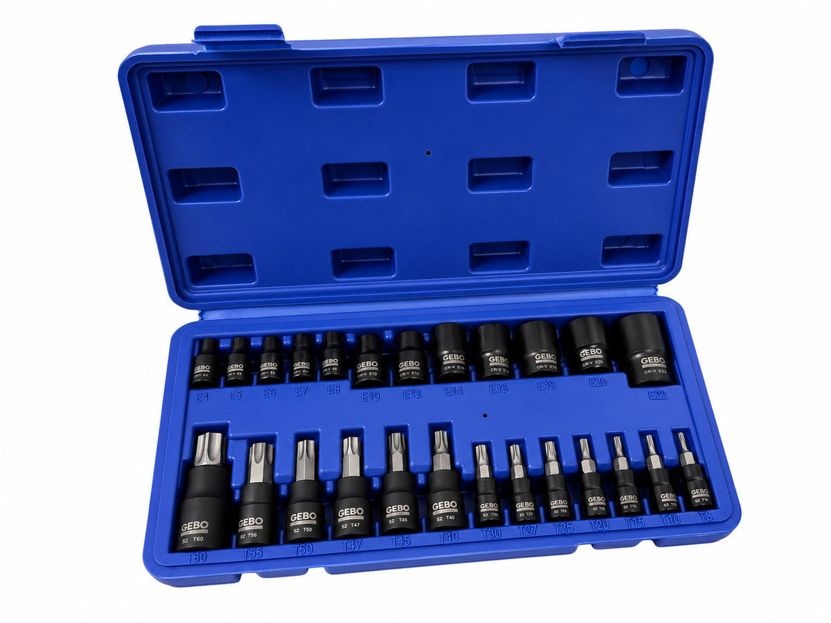 Set chei biti TORX t8-t60 tubulare profil e e4-e20 1/4 3/8 1/2 25 piese GEBO TOOLS