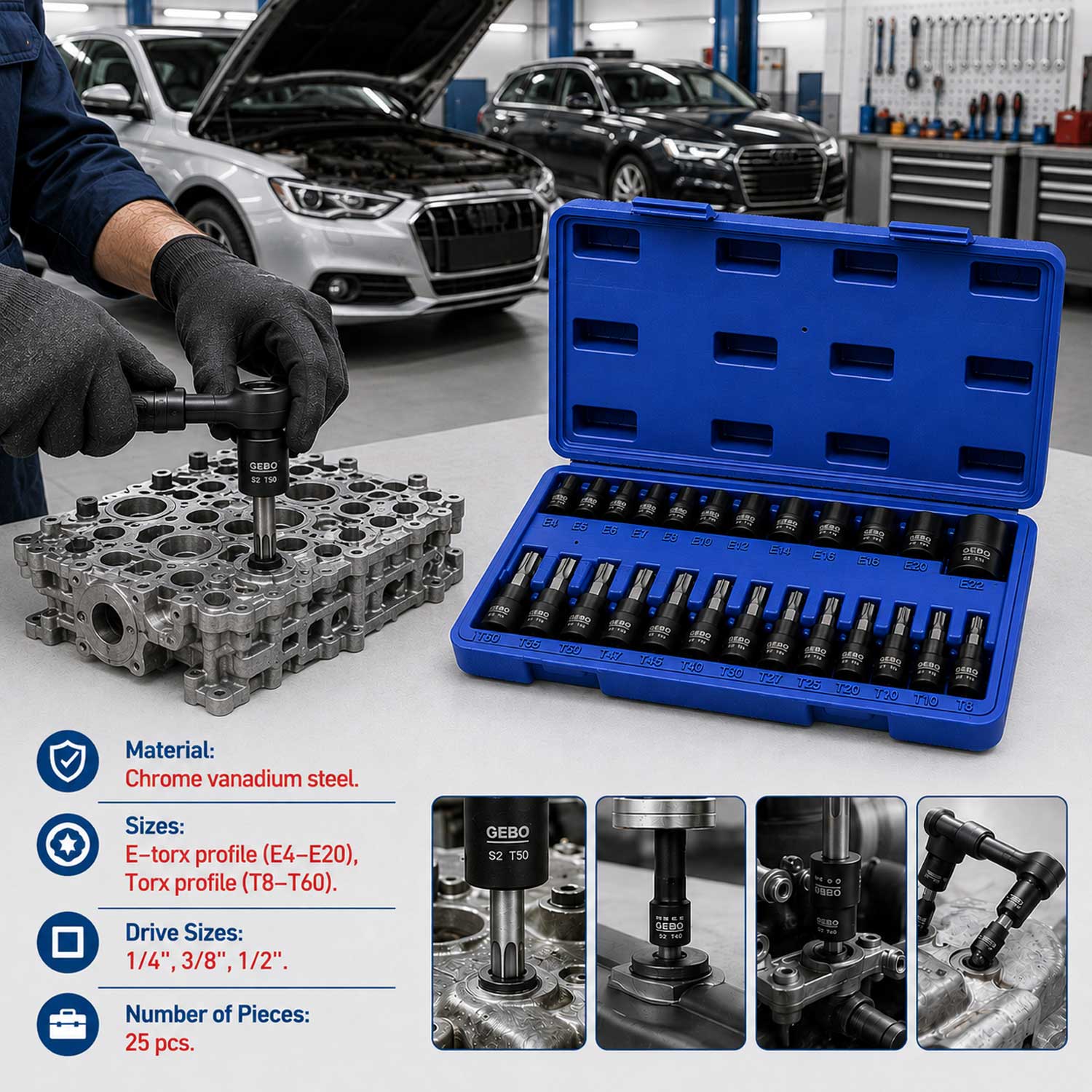 Set chei biti TORX t8-t60 tubulare profil e e4-e20 1/4 3/8 1/2 25 piese GEBO TOOLS