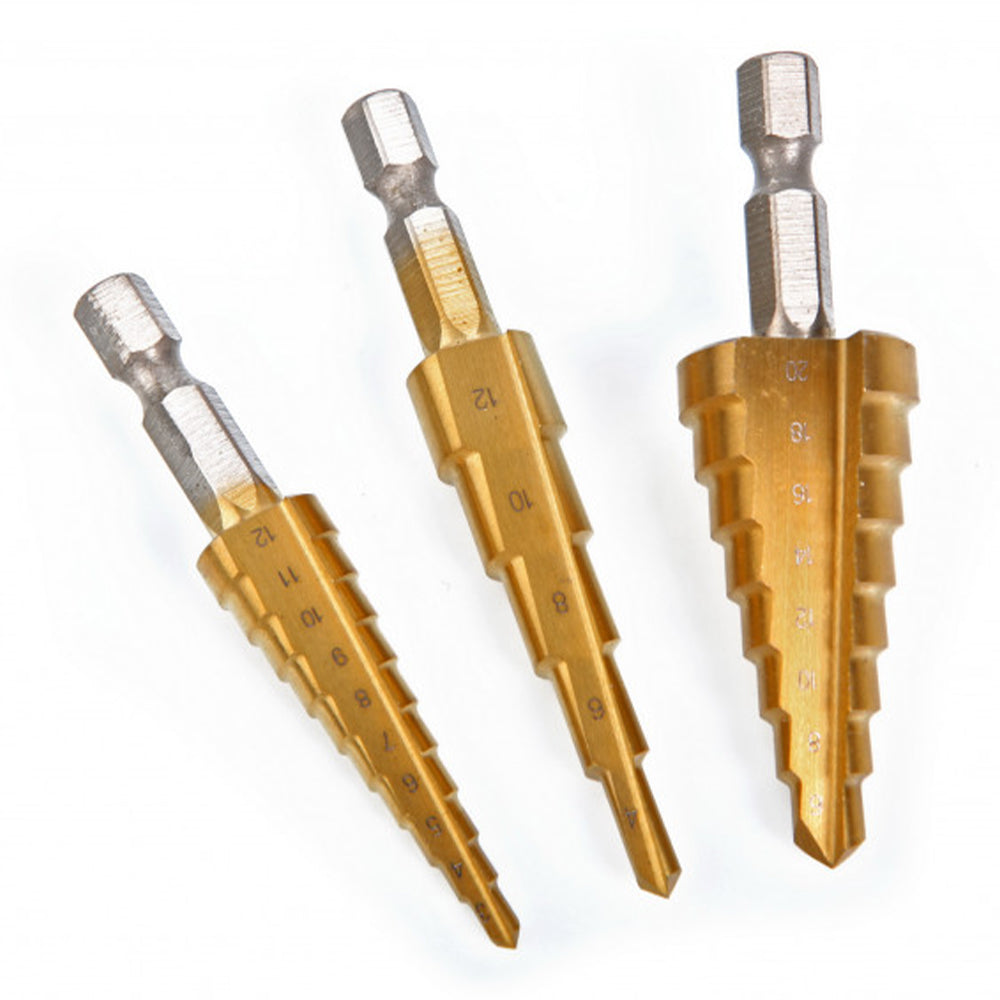 Set de 3 burghie foraj HSS in trepte cu prindere hexagonala