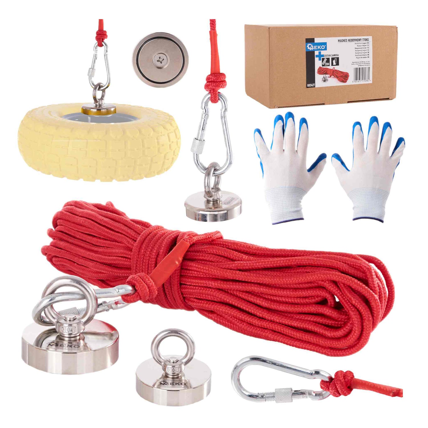Set magnet neodim 170kg cu funie 20m si manusi