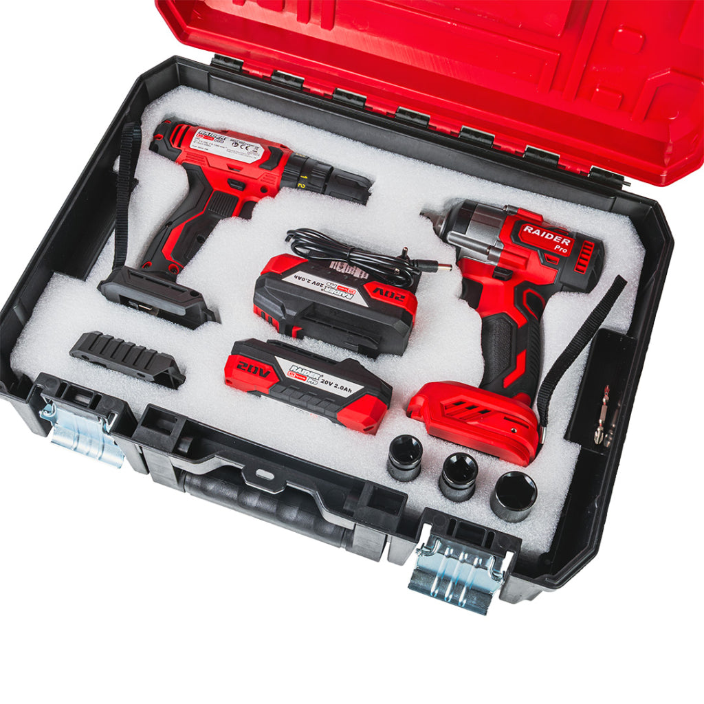 Set masina de gaurit si insurubat cu percutie 44NM, pistol cheie cu impact 1/2 320NM cu acumulator 2x2ah RAIDER PRO