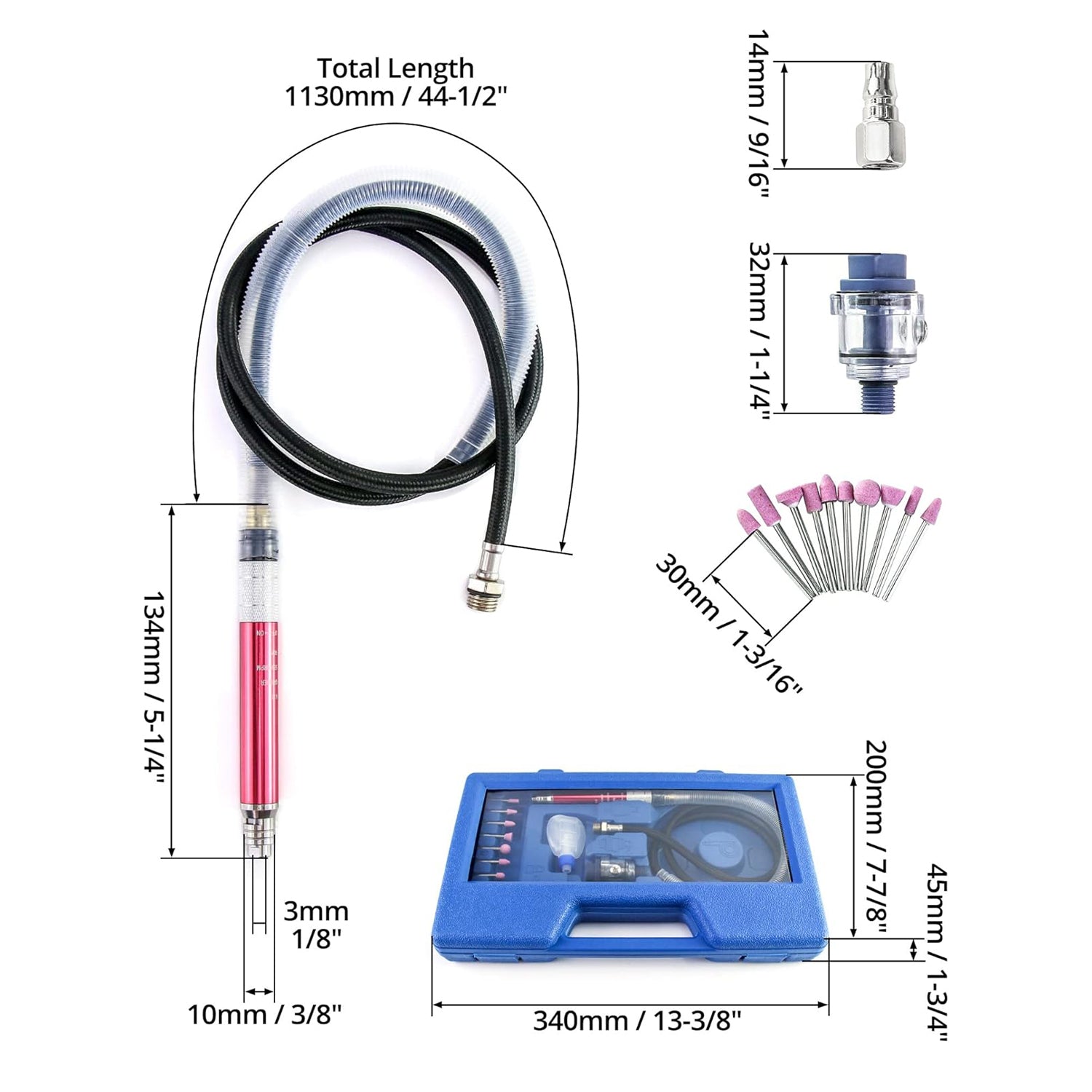 Set micro polizor pneumatic tip creion, 17 piese, viteza mare 58.000 RPM, unealta compacta si usoara pentru slefuire, curatare, taiere, lustruire si sudura GEBO TOOLS