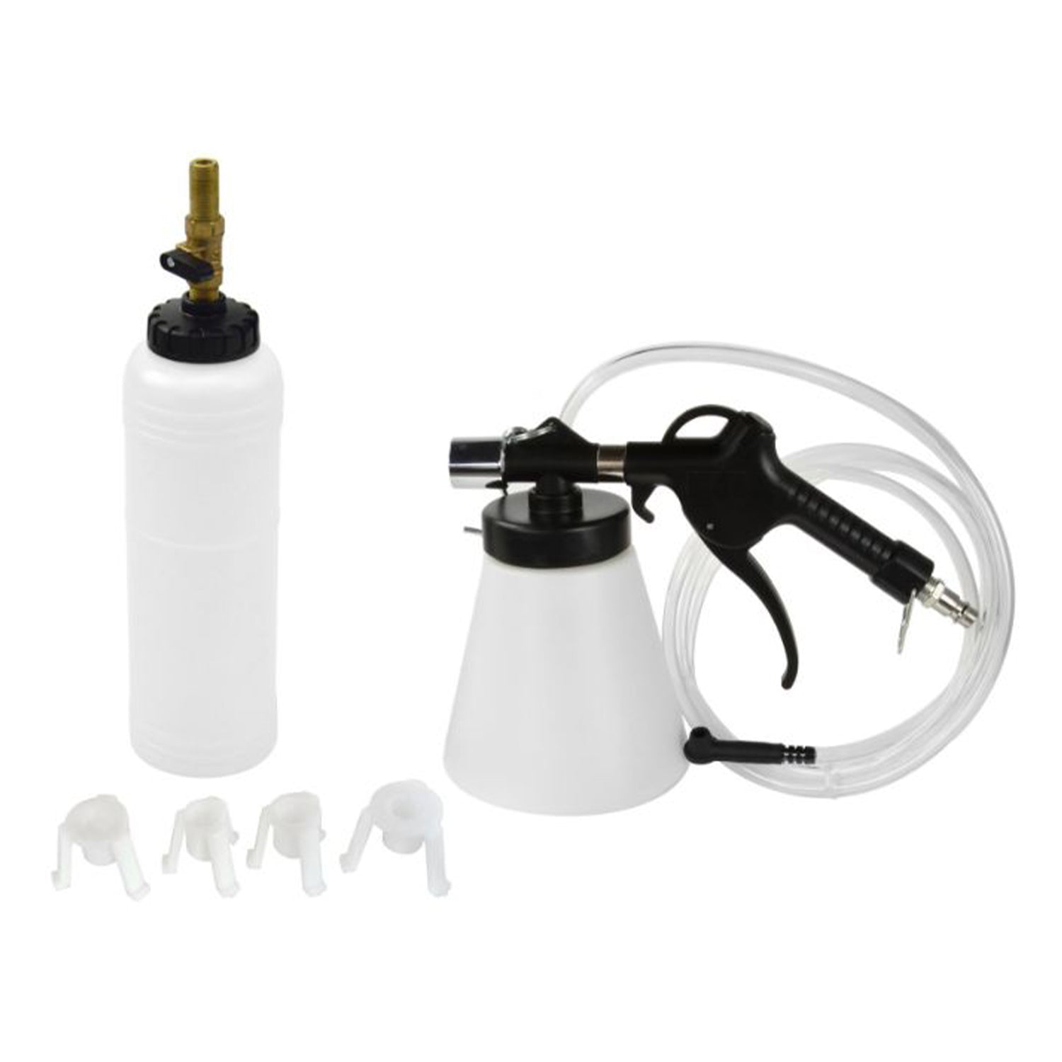 Set pistol pneumatic de aerisit si schimbat lichid, ulei de frana, extractor si reumplere lichid de frana, cu 4 adaptori