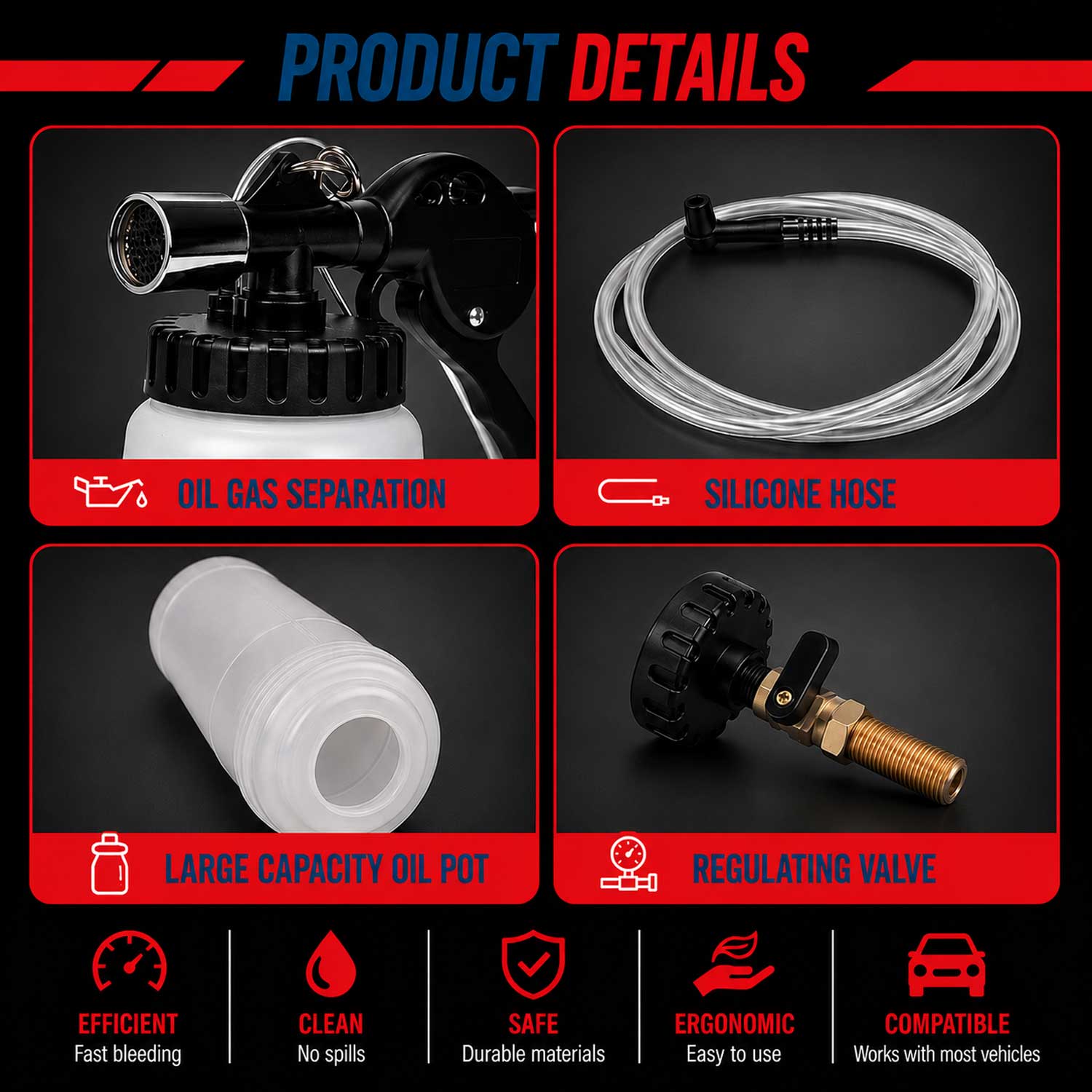 Set pistol pneumatic de aerisit si schimbat lichid, ulei de frana, extractor si reumplere lichid de frana, cu 4 adaptori