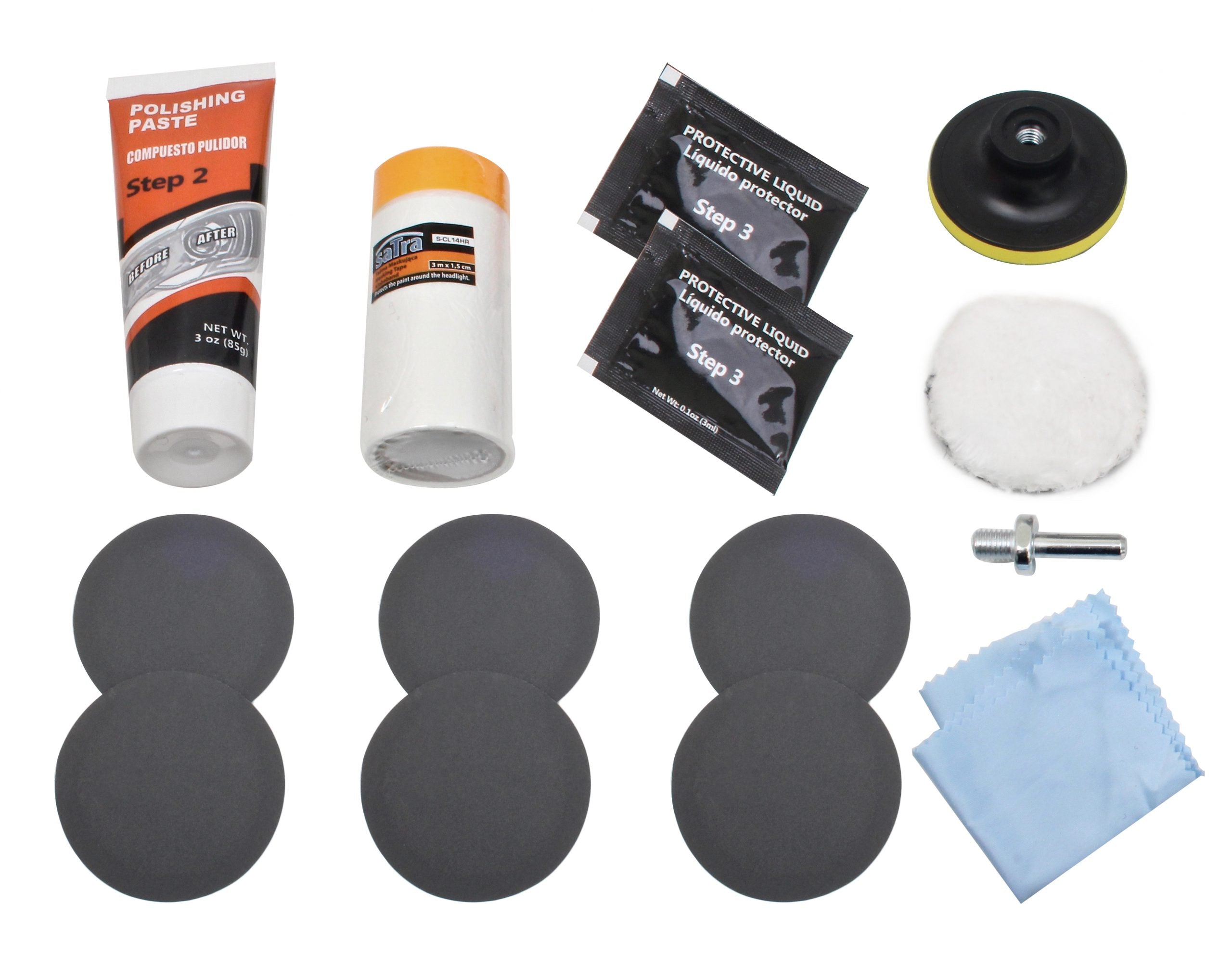 Set restaurare faruri 14 piese, discuri abrazive, pasta polish, lac portectie uv