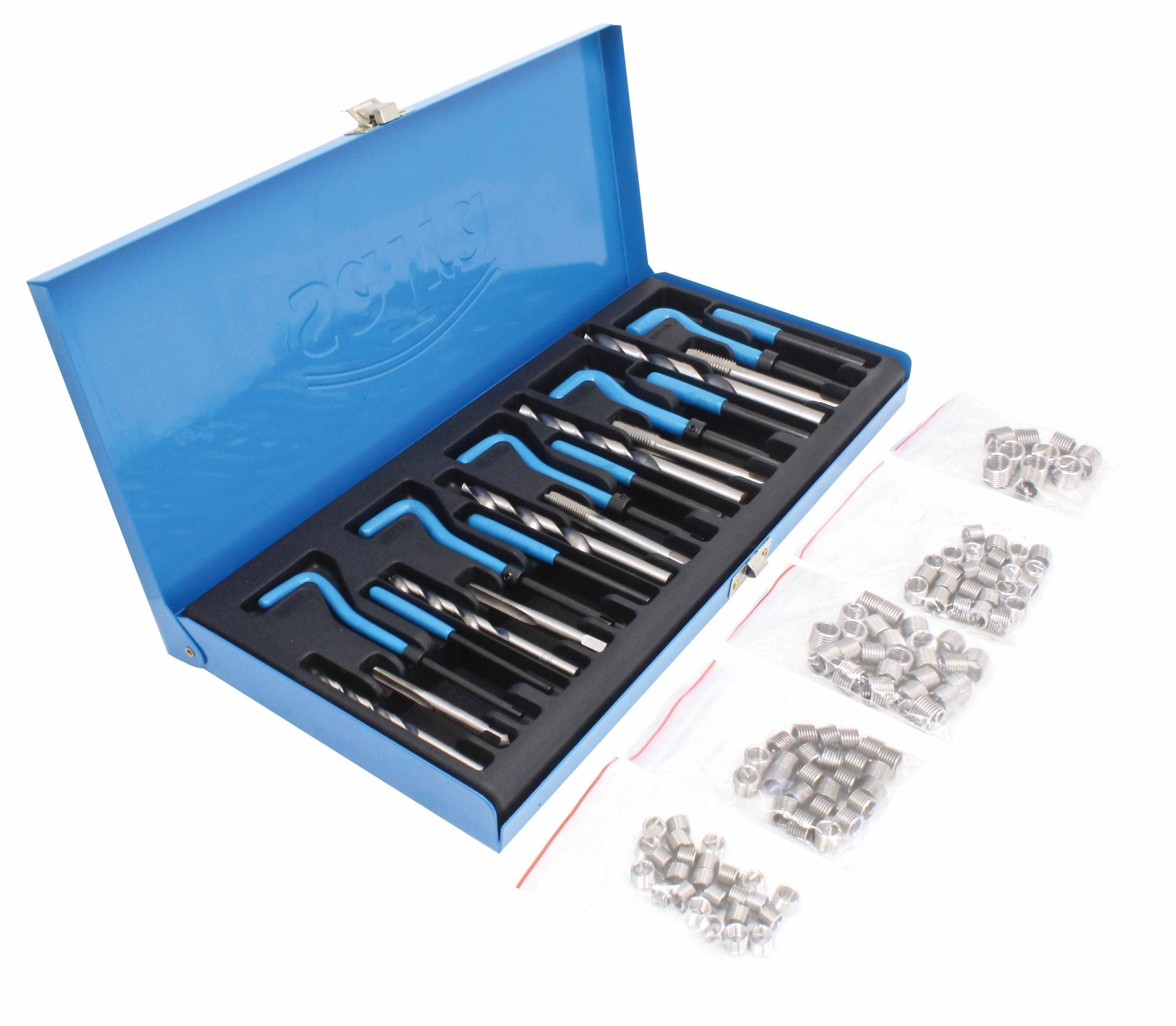 Trusa 131 piese pentru reparat filete m5-M12 cu inserturi inox, burghie si tarozi HSS