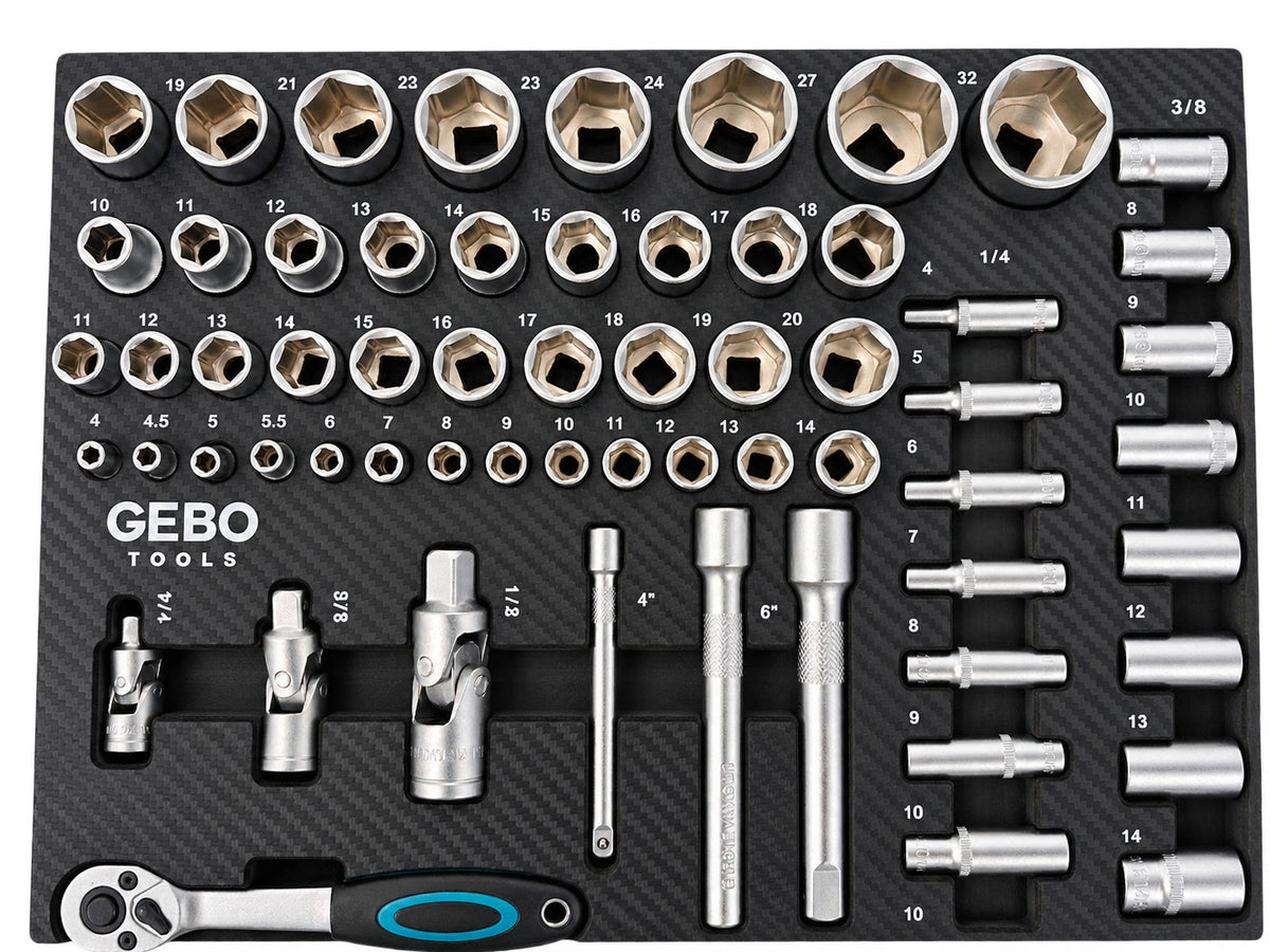 Trusa profesionala GEBO TOOLS 81 piese – modul dulap cu chei tubulare lungi si scurte, biti, prelungitoare, adaptoare si clicheti 1/2”, 3/8”, 1/4” cr-v