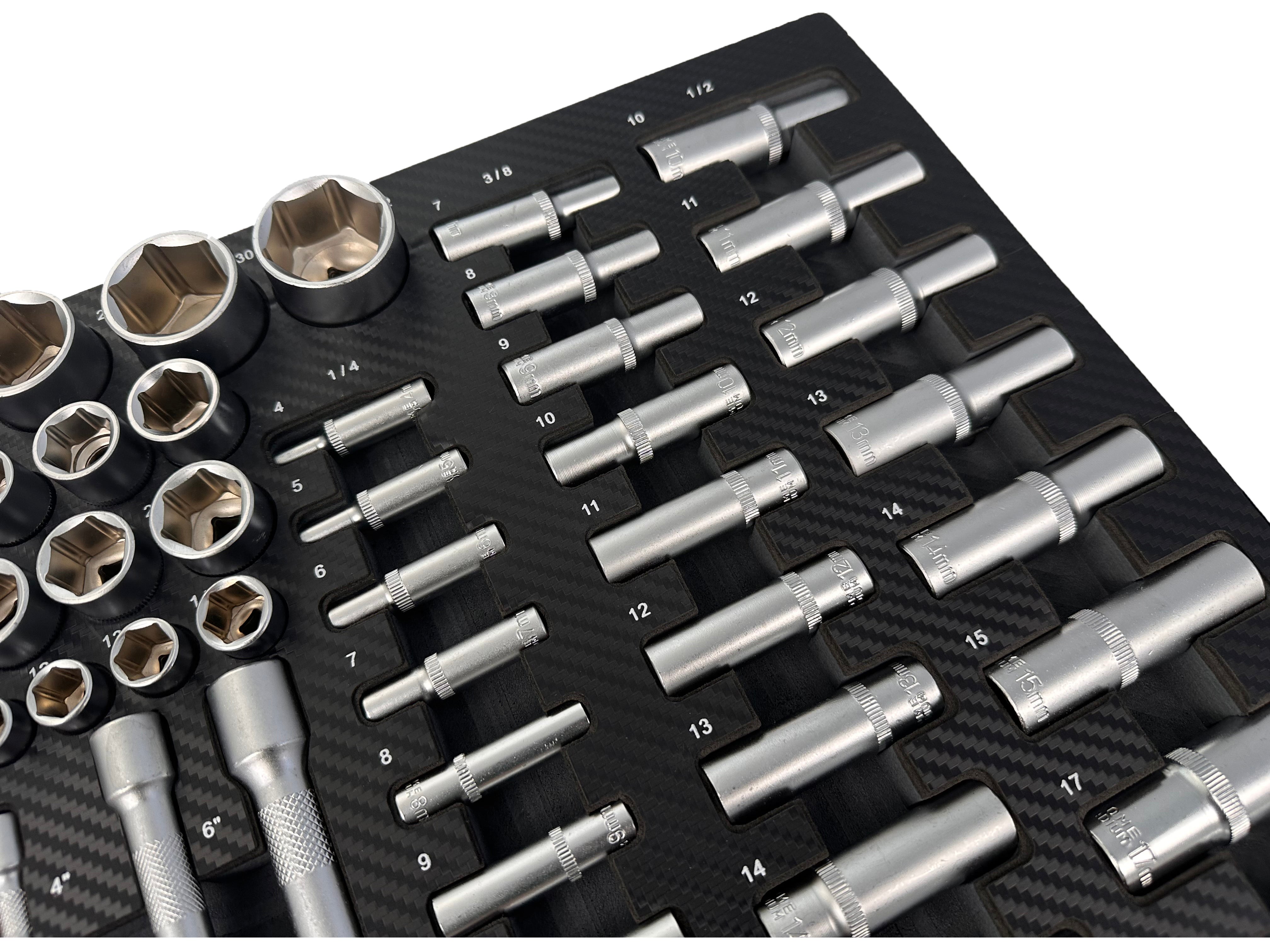 Trusa profesionala GEBO TOOLS 81 piese – modul dulap cu chei tubulare lungi si scurte, biti, prelungitoare, adaptoare si clicheti 1/2”, 3/8”, 1/4” cr-v
