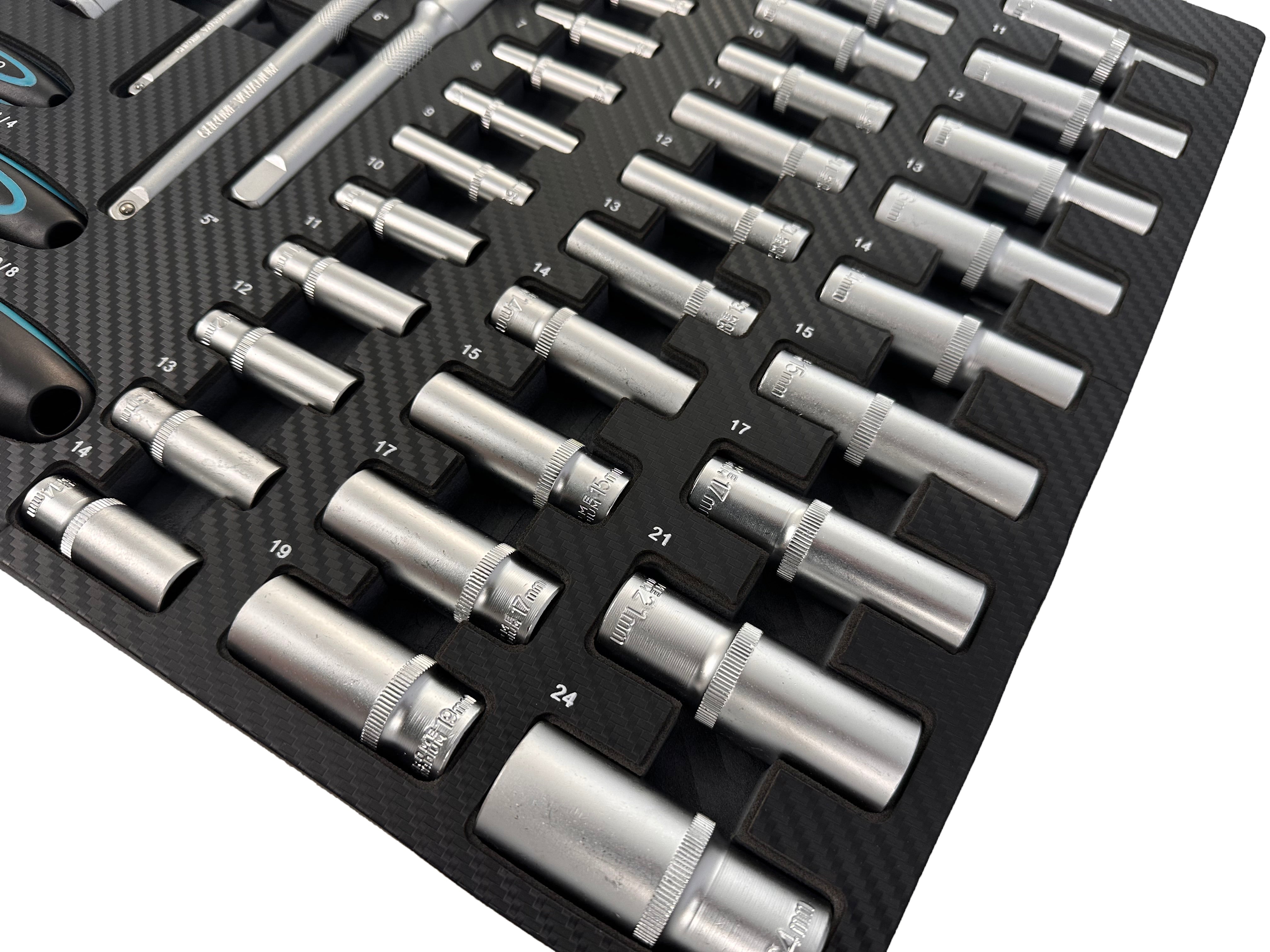 Trusa profesionala GEBO TOOLS 81 piese – modul dulap cu chei tubulare lungi si scurte, biti, prelungitoare, adaptoare si clicheti 1/2”, 3/8”, 1/4” cr-v