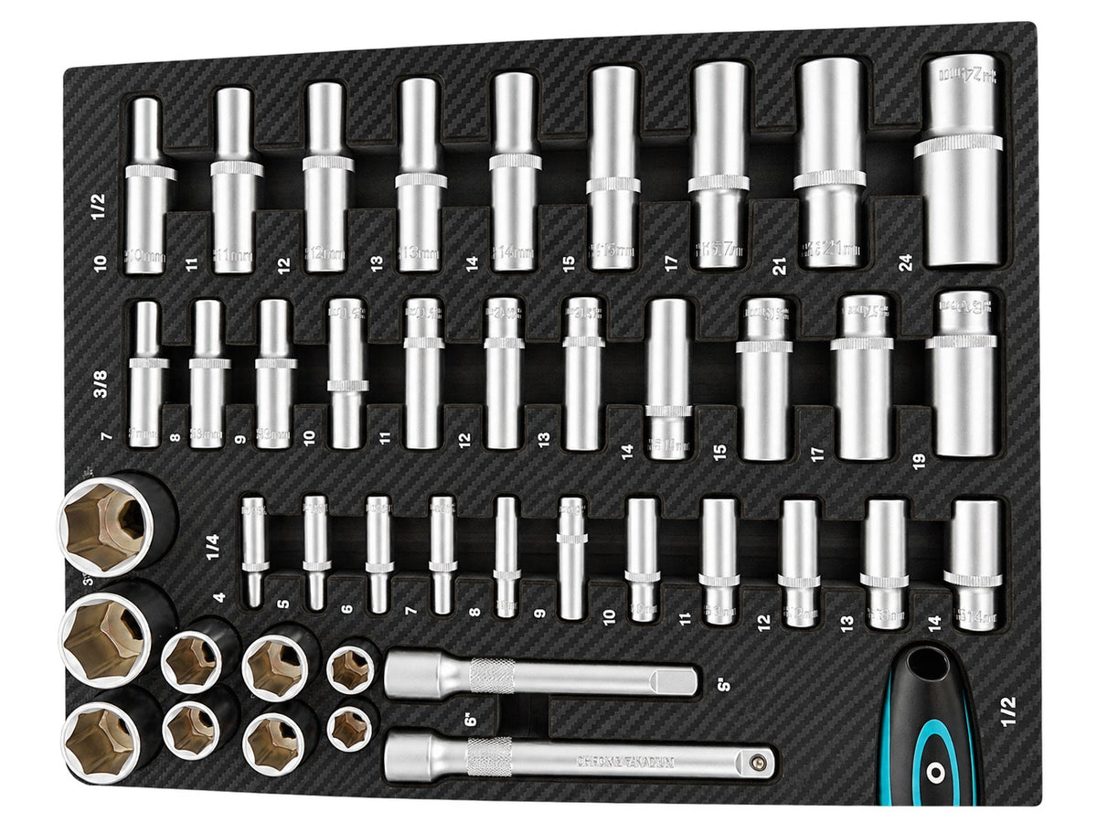 Trusa profesionala GEBO TOOLS 81 piese – modul dulap cu chei tubulare lungi si scurte, biti, prelungitoare, adaptoare si clicheti 1/2”, 3/8”, 1/4” cr-v