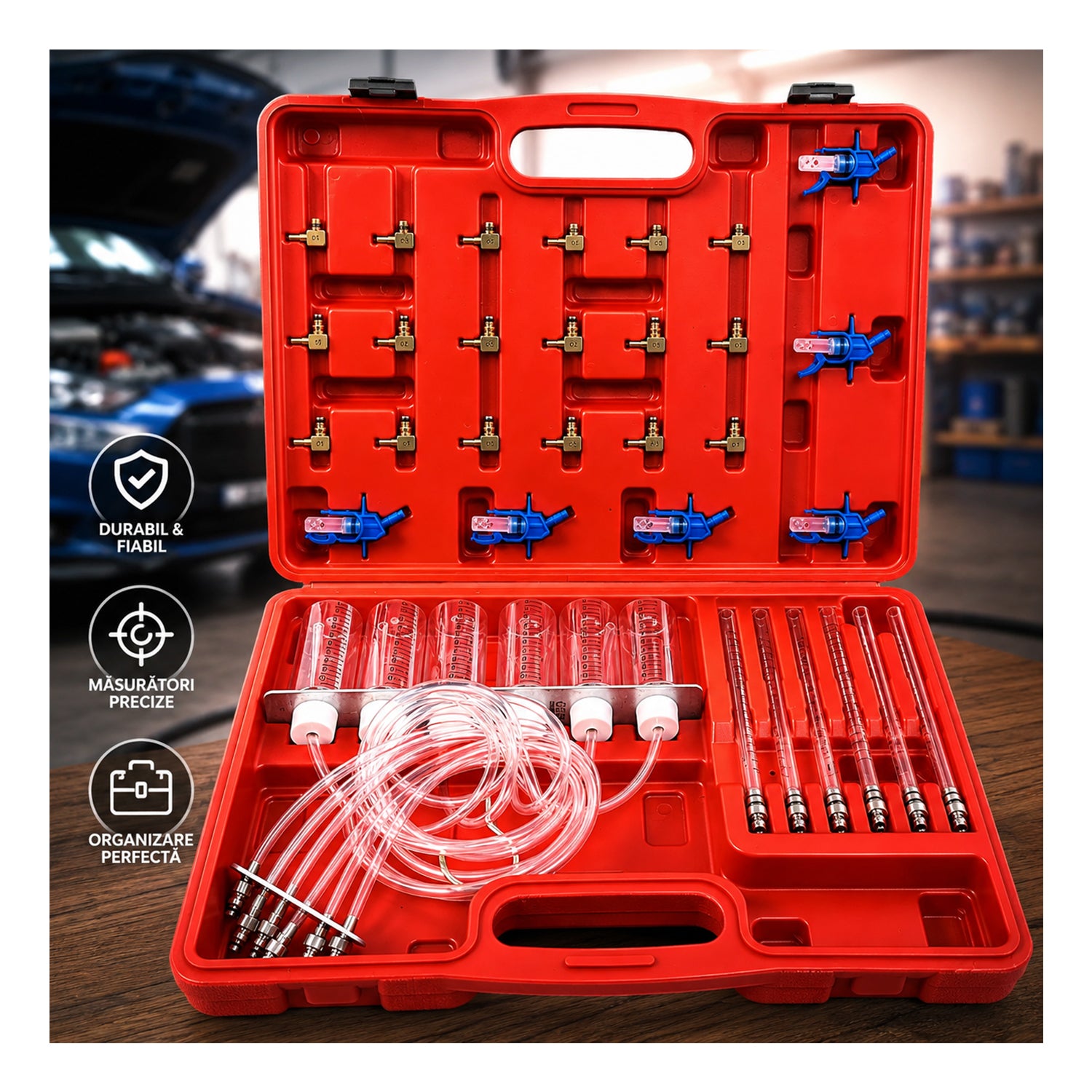 Trusa verificare pierderi retur combustibil – kit test debit injectoare diesel COMMON RAIL, adaptor motoare pana la 6 cilindri GEBO TOOLS