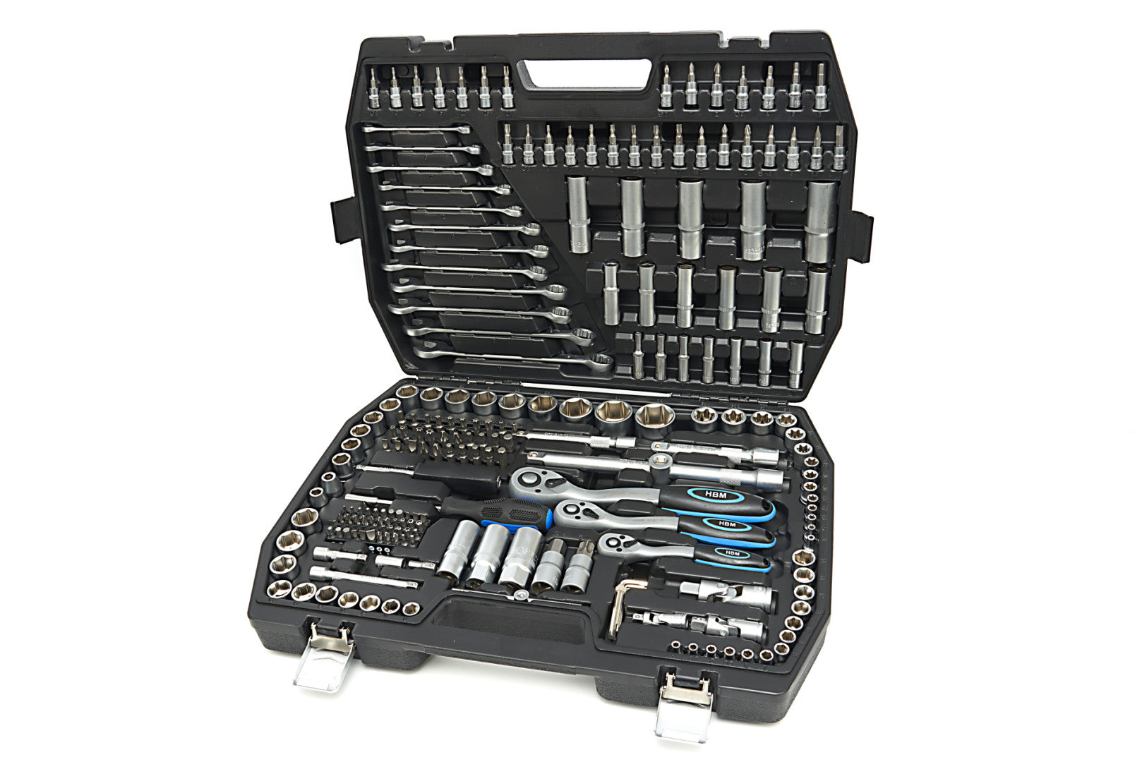 TRUSA DE SCULE PROFESIONALA CU TUBULARE SI CLICHETI 1/2 3/8 1/4 216 PIESE HBM OLANDA