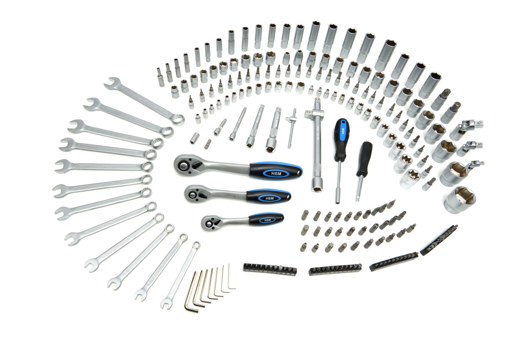 TRUSA DE SCULE PROFESIONALA CU TUBULARE SI CLICHETI 1/2 3/8 1/4 216 PIESE HBM OLANDA